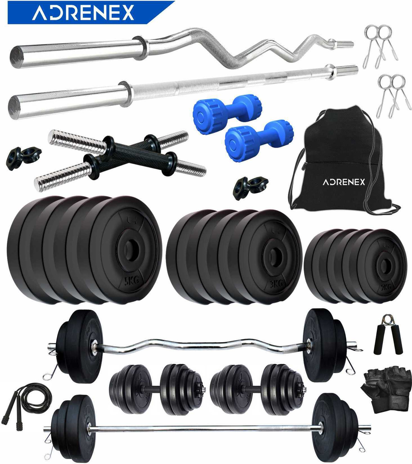 Image of Adrenex 40 kg Barbells, Dumbbells and Accessories Home Gym Combo