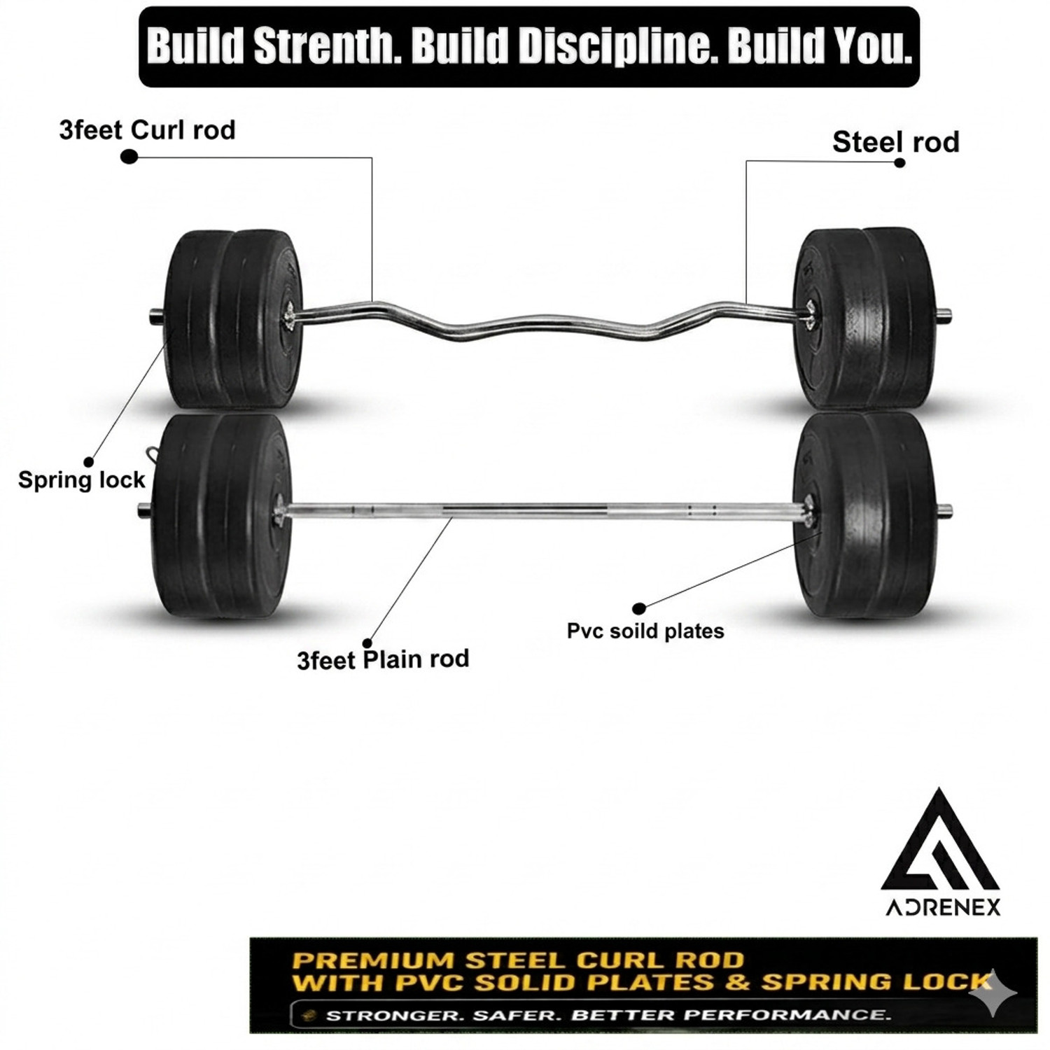 Image of Adrenex 30 kg PVC GYM KIT WITH 3FT CURL, 3FT STRAIGHT ROD AND ACCESSORIES Home Gym Combo