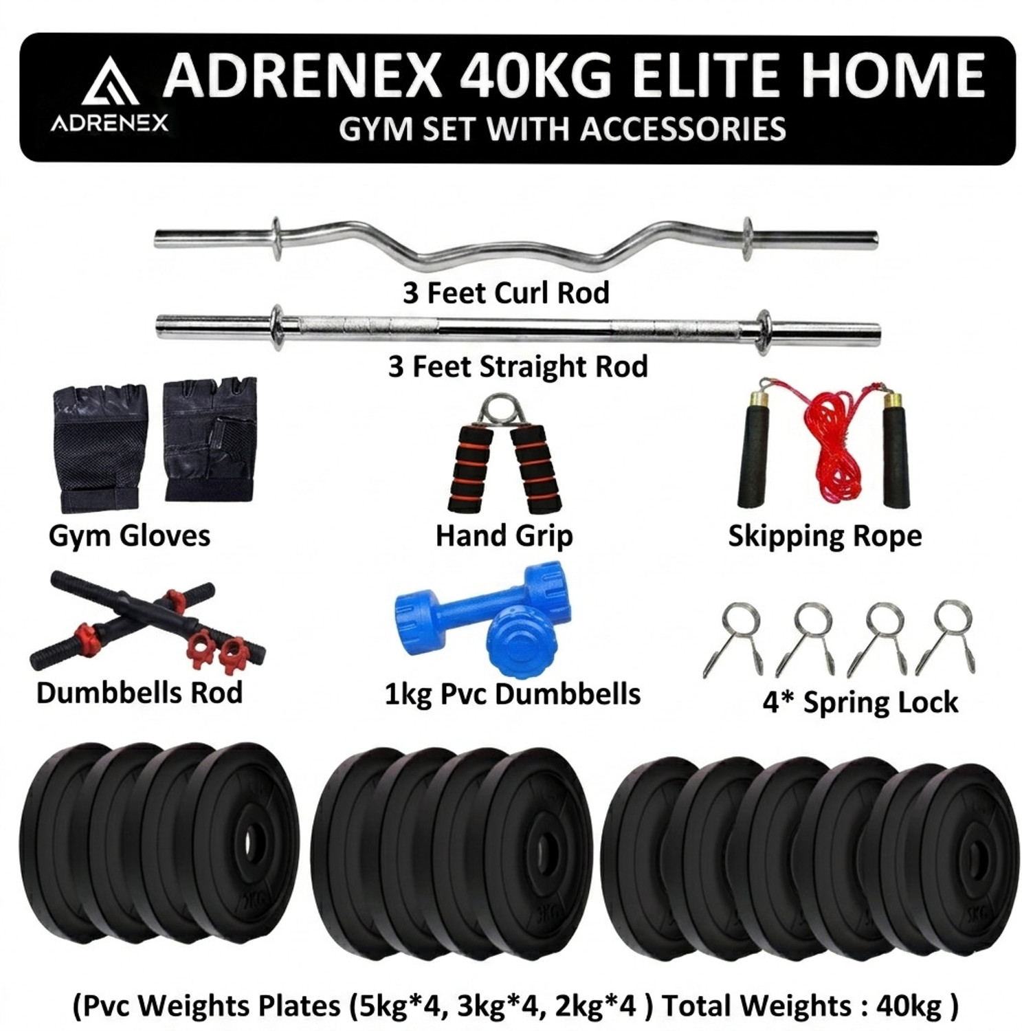 Image of Adrenex 40 kg PVC weight with 3ft Curl, 3ft Straight Rod and Accessories Home Gym Combo
