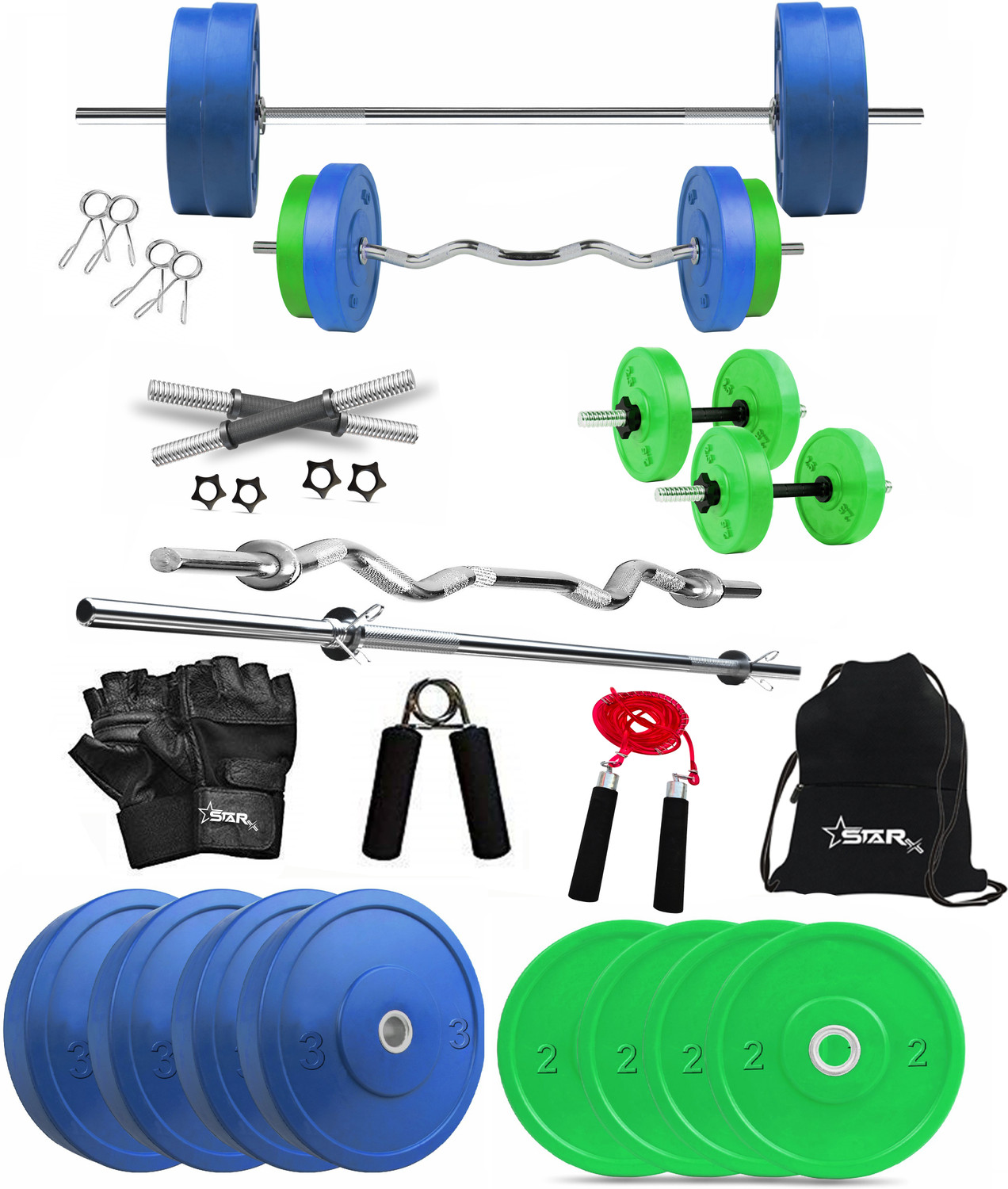 Image of STARX 20 kg Multi Color 100% Rubber Plates for Use of Home Gym Combo Home Gym Combo