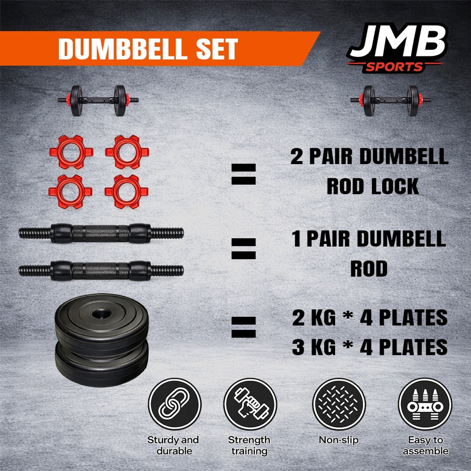 Image of JMB 20 kg 20kg Combo 2kg*4 /3kg*4pc PVC Weight Plate, 3ft Rod, Dumbbell Rod & Acc Home Gym Combo