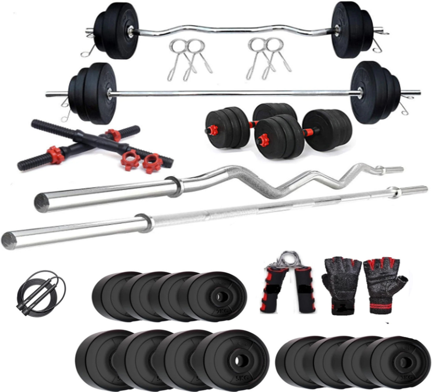Image of BELLATRIX X 30kg gym pate(5x4-2.5x4)-3ft-straight rod-curl rod-accessories Black Bar & Plate Combo