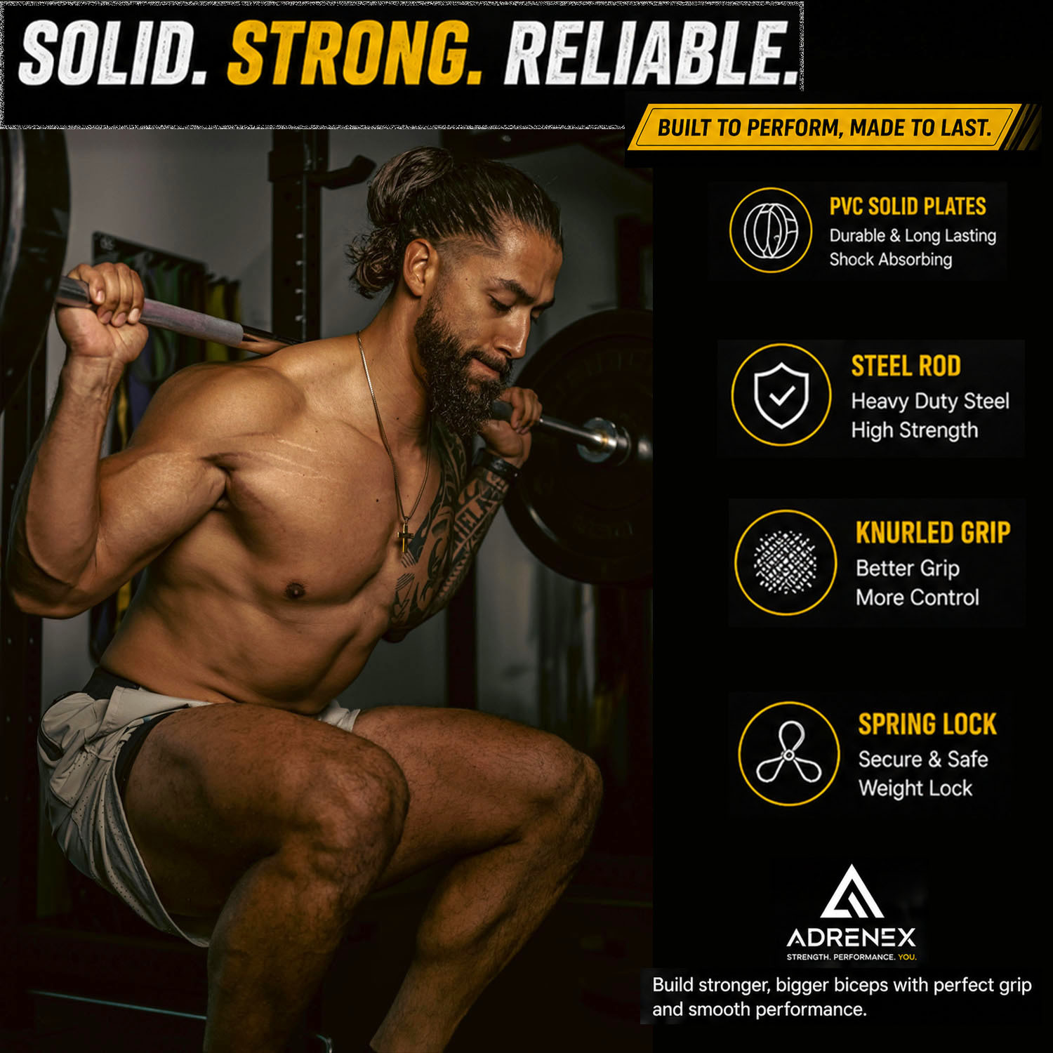 Image of Adrenex 40 kg PVC weight with 3ft Curl, 3ft Straight Rod and Accessories Home Gym Combo