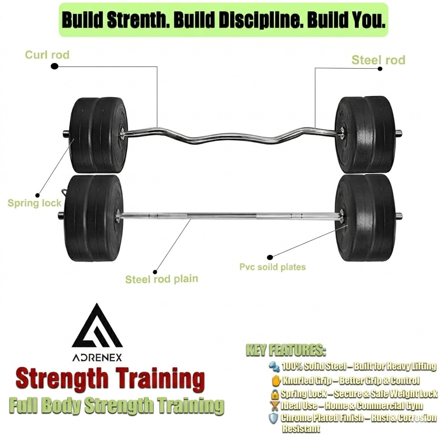 Image of Adrenex 40 kg PVC GYM KIT WITH 3FT CURL, 3FT STRAIGHT ROD AND ACCESSORIES Home Gym Combo