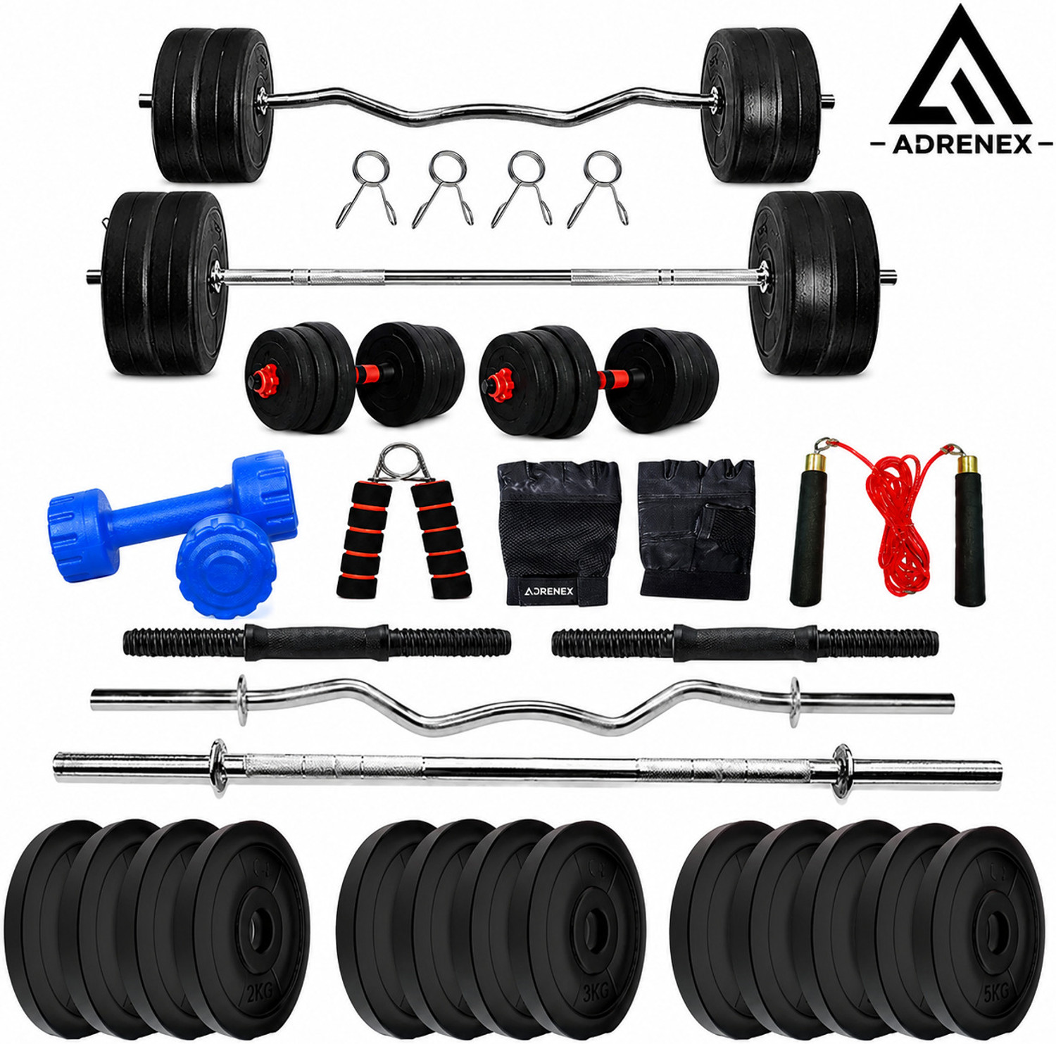 Image of Adrenex 50 kg PVC weight with 3ft Curl, 3ft Straight Rod and Accessories Home Gym Combo