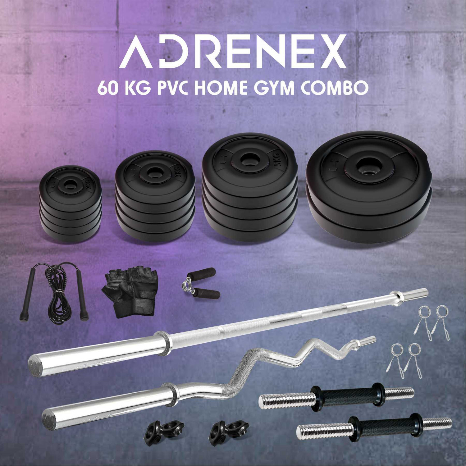 Image of Adrenex 60 kg with Straight , Curl , Dumbbell Rods & Gym Accessories Home Gym Combo