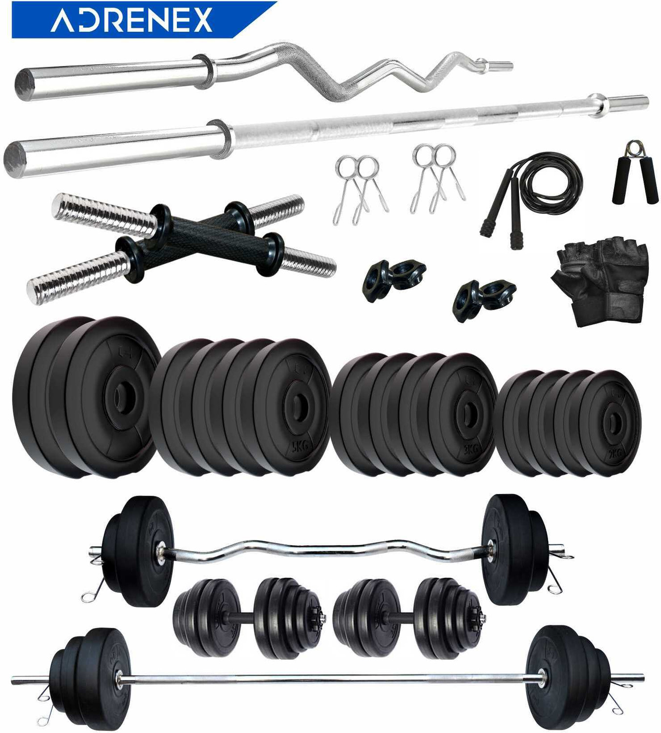 Image of Adrenex 60 kg with Straight , Curl , Dumbbell Rods & Gym Accessories Home Gym Combo