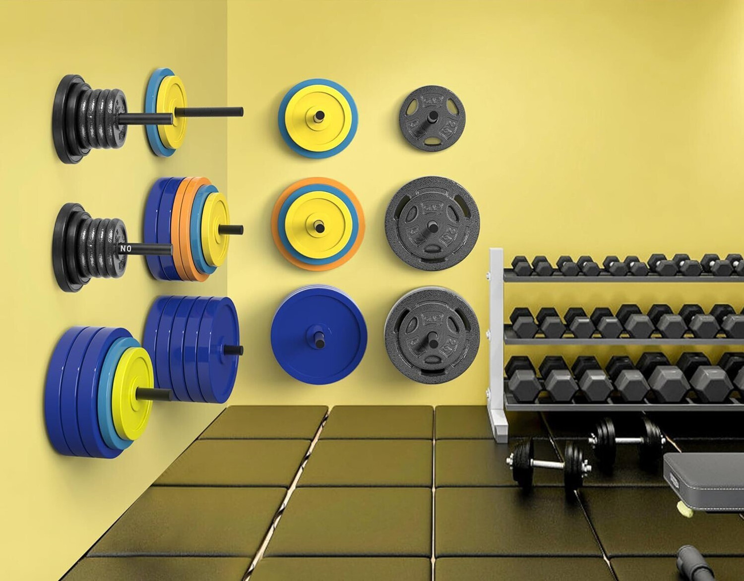 Image of YMD 70 kg Premium Metal integrated Color Plates 2.5x4 5x4 10x4 4FT Curl 6FT Straight Home Gym Combo