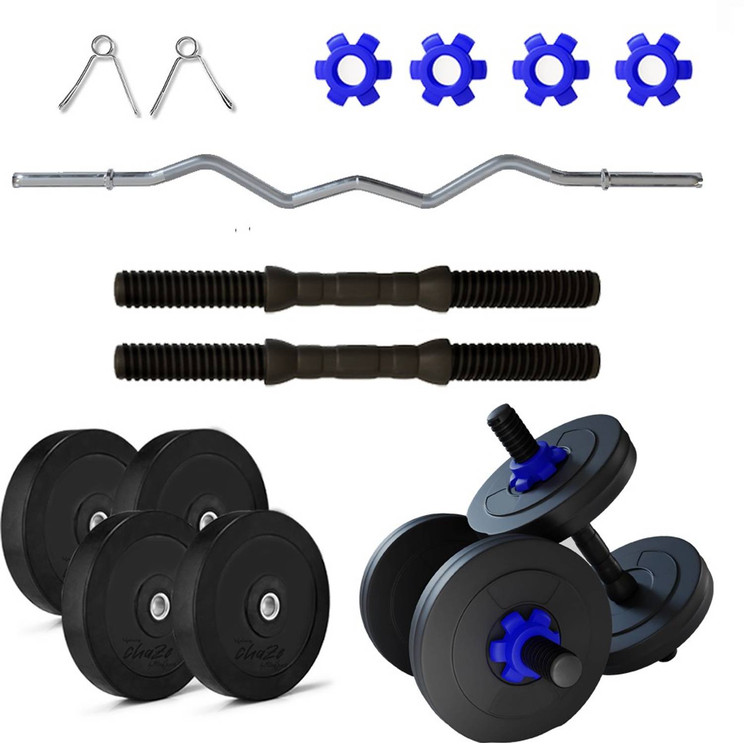 Lifelong Chaze Rubber Home Gym Set 10kg Plate with Curl Rod and dumbbells rods