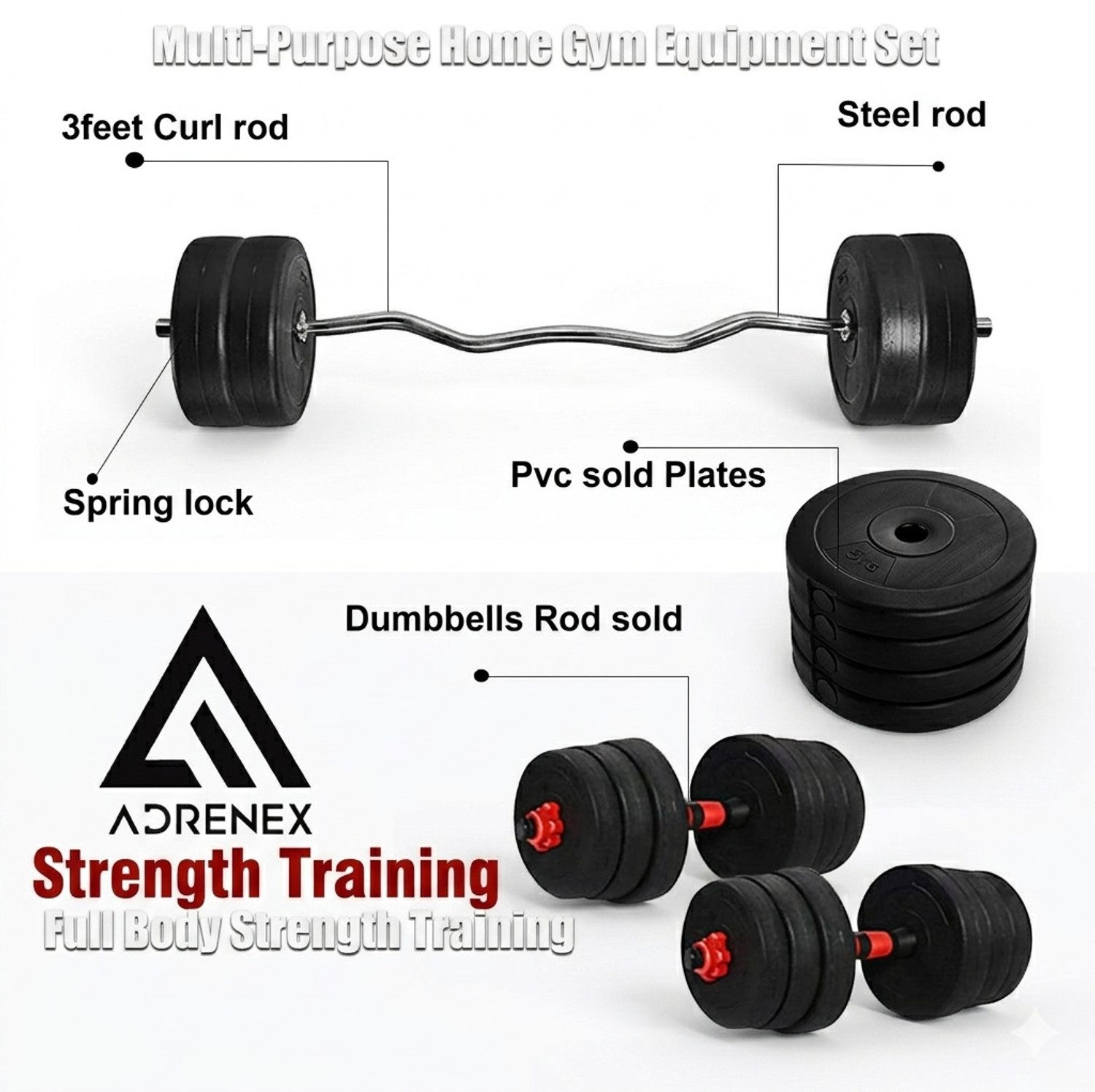 Image of Adrenex 40 kg PVC weight with 3ft Curl Rod and Accessories Home Gym Combo
