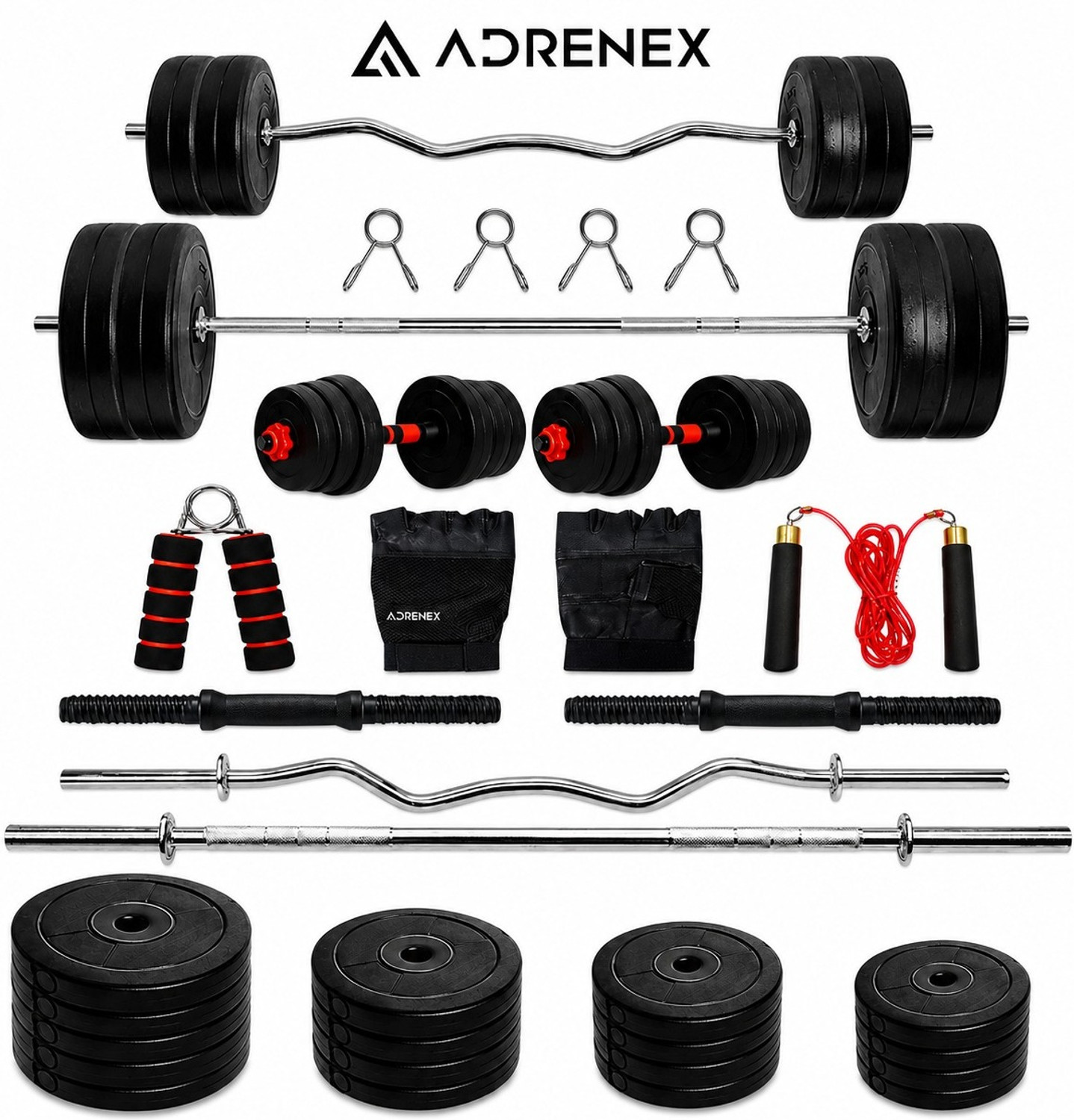 Image of Adrenex 100 kg PVC100kg /5kg*8,10kg*4,3kg*4,2kg*4 /3ft,5ft /SRGGHG Home Gym Combo