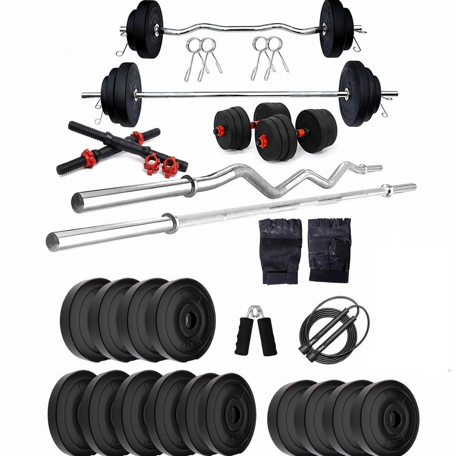 Image of Adrenex 50 kg PVC WITH 3FT CURL AND 5FT STRAIGHT ROD AND ACCESSORIES Home Gym Combo