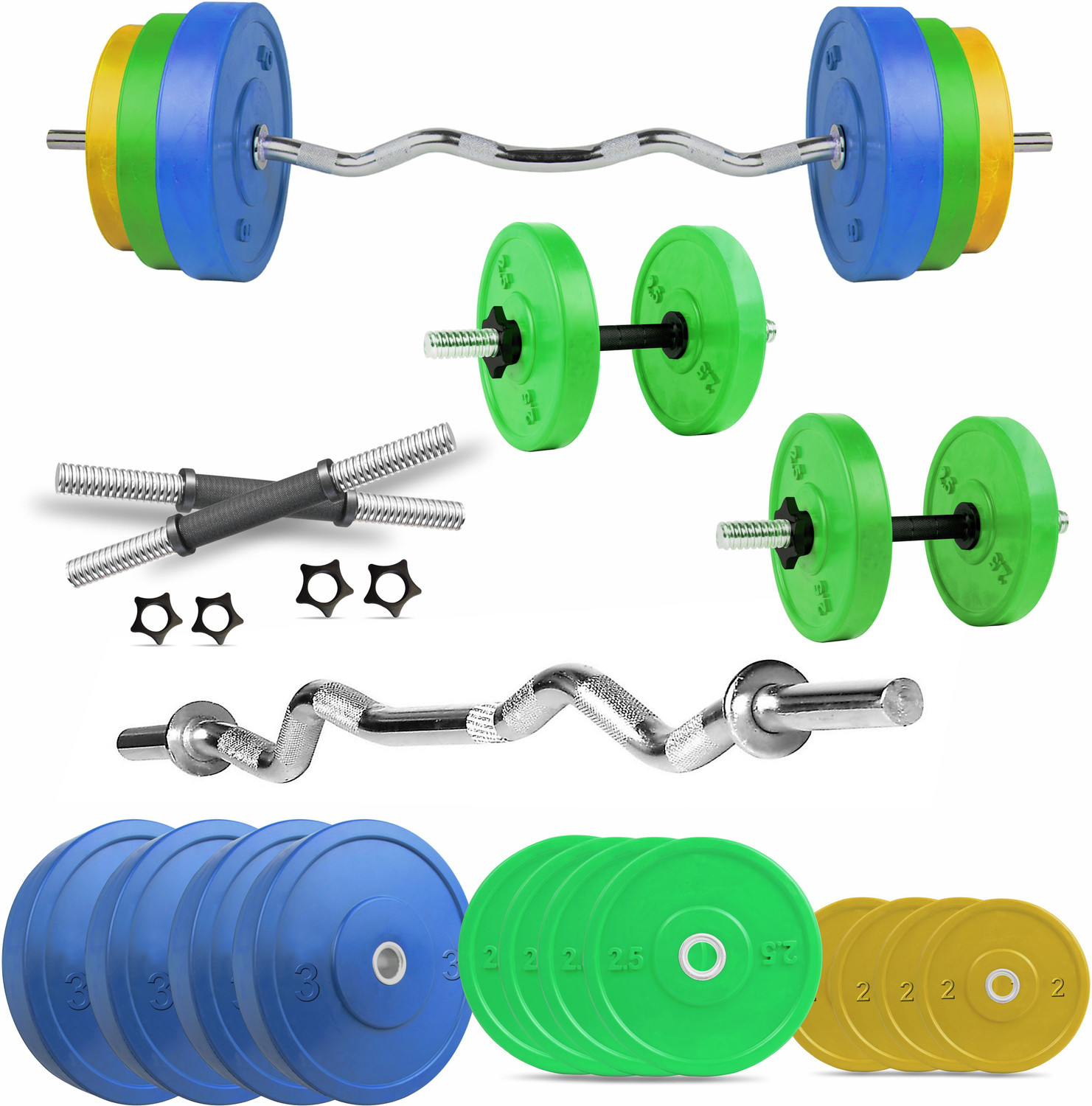 Image of STARX 30 kg Multi Color 100% Rubber Plates for Use of Home Gym Combo