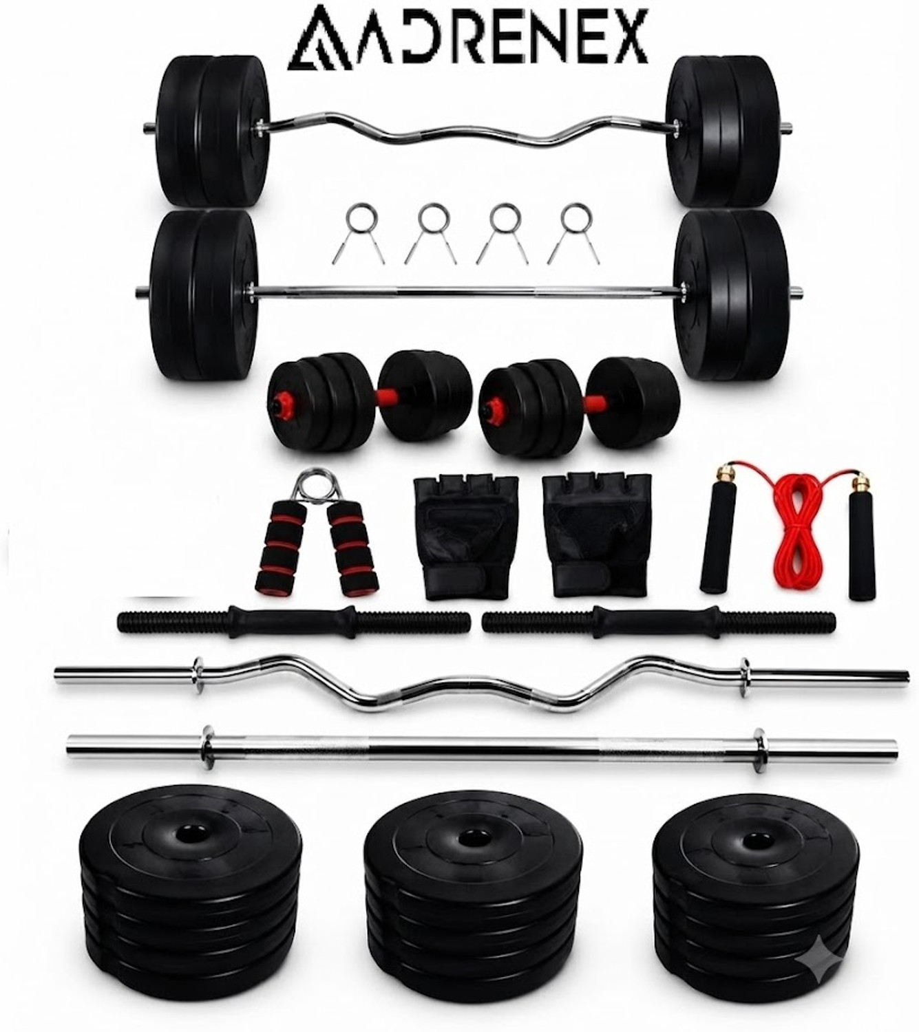 Image of Adrenex 30 kg PVC GYM KIT WITH 3FT CURL, 3FT STRAIGHT ROD AND ACCESSORIES Home Gym Combo
