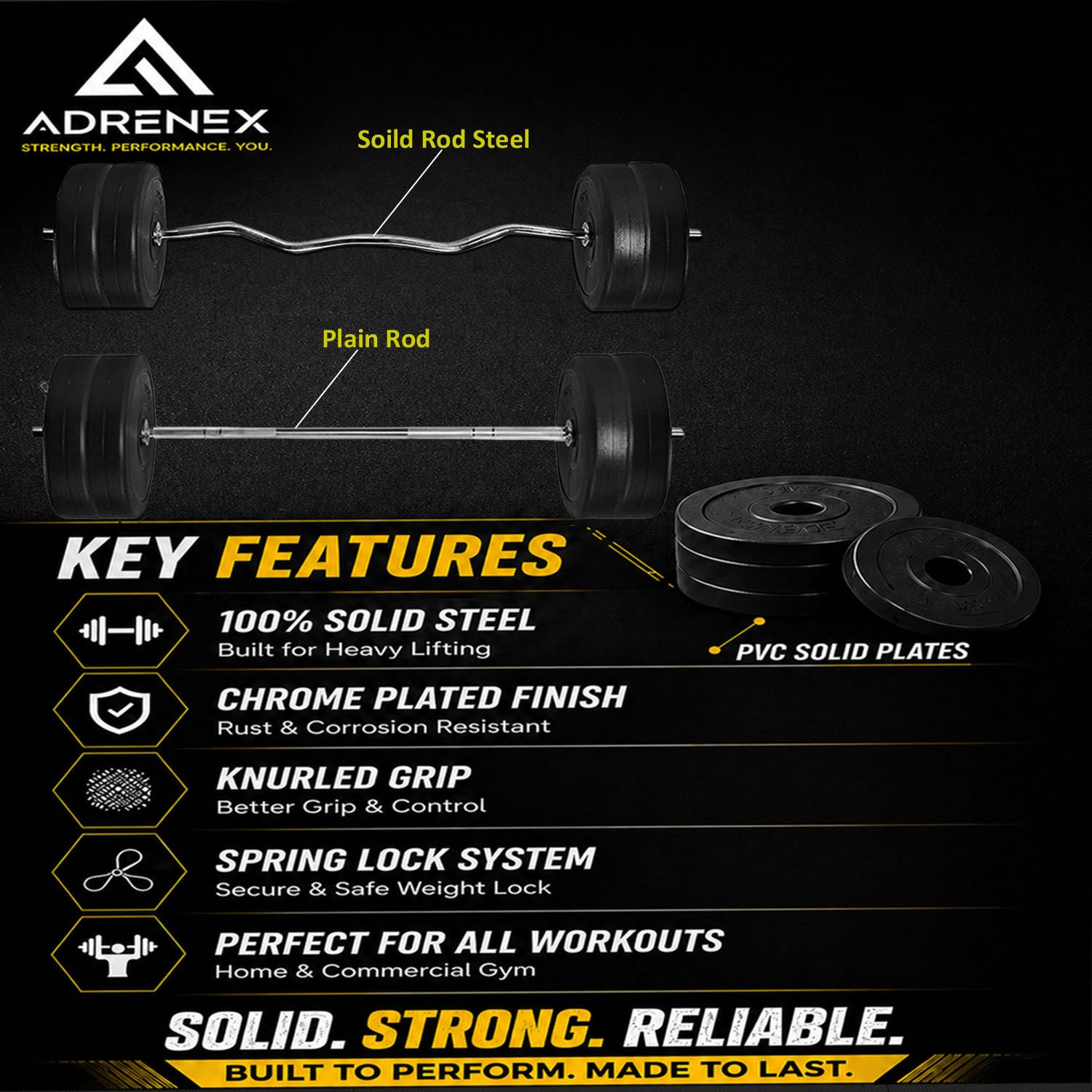 Image of Adrenex 40 kg PVC weight with 3ft Curl, 3ft Straight Rod and Accessories Home Gym Combo