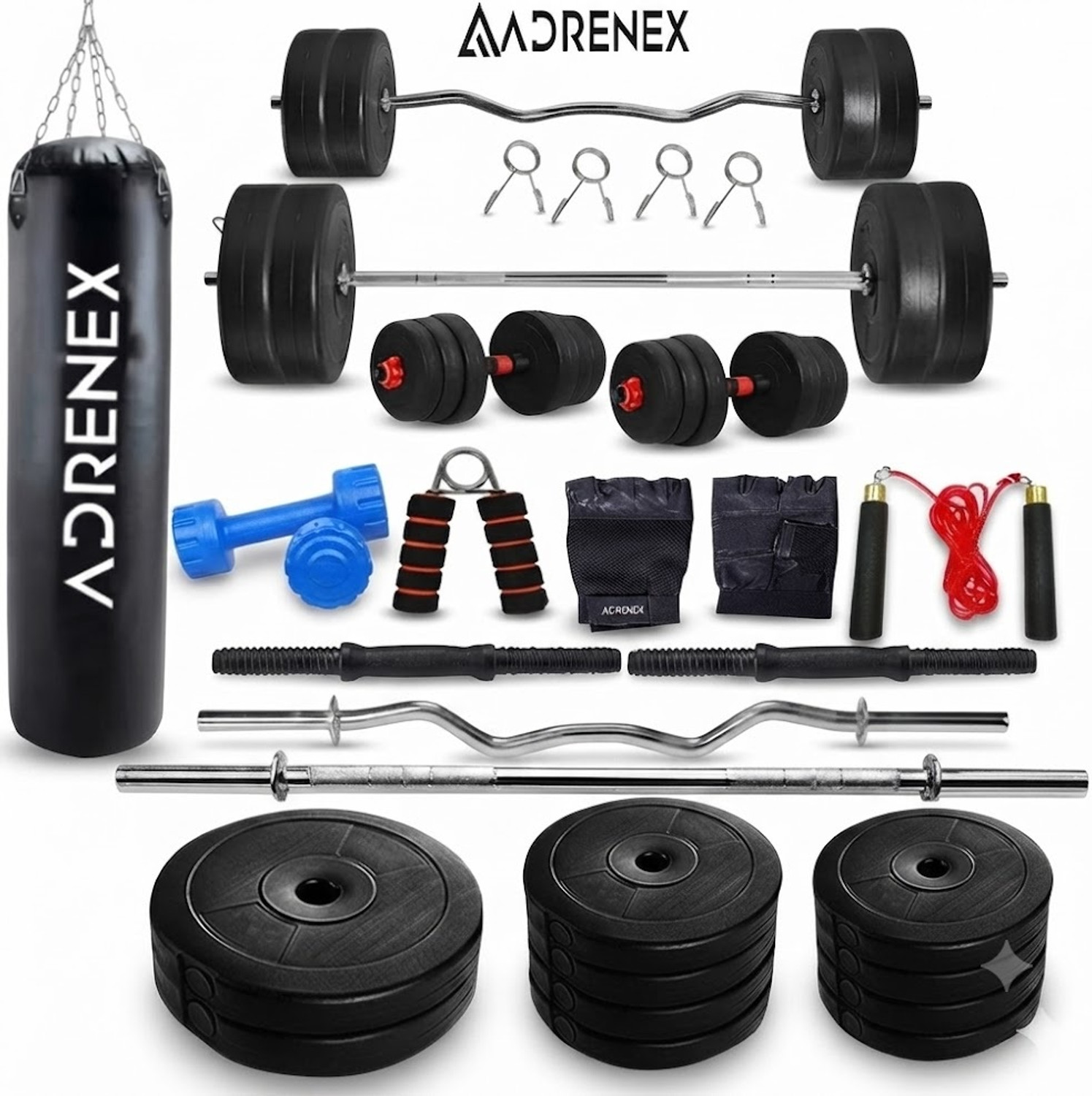 Image of Adrenex 50 kg with 3FT Curl and 5FT Straight Rod Unfilled Punching Bag & PVC Dumbbells Home Gym Combo