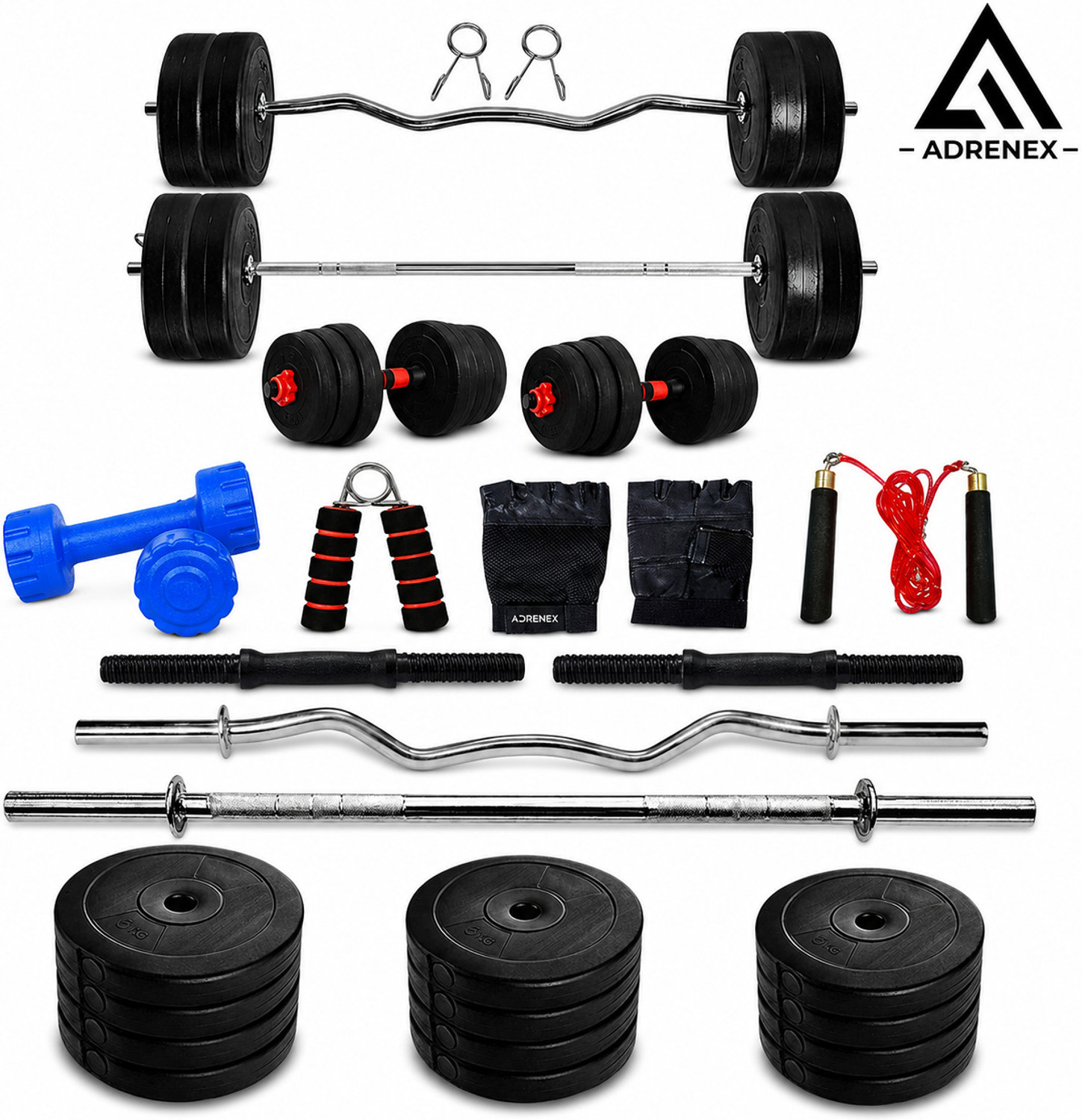 Image of Adrenex 40 kg PVC weight with 3ft Curl, 3ft Straight Rod and Accessories Home Gym Combo