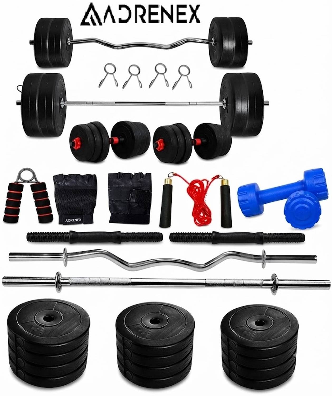 Adrenex 30 kg PVC weight with 3ft Curl, 3ft Straight Rod and Accessories Home Gym Combo