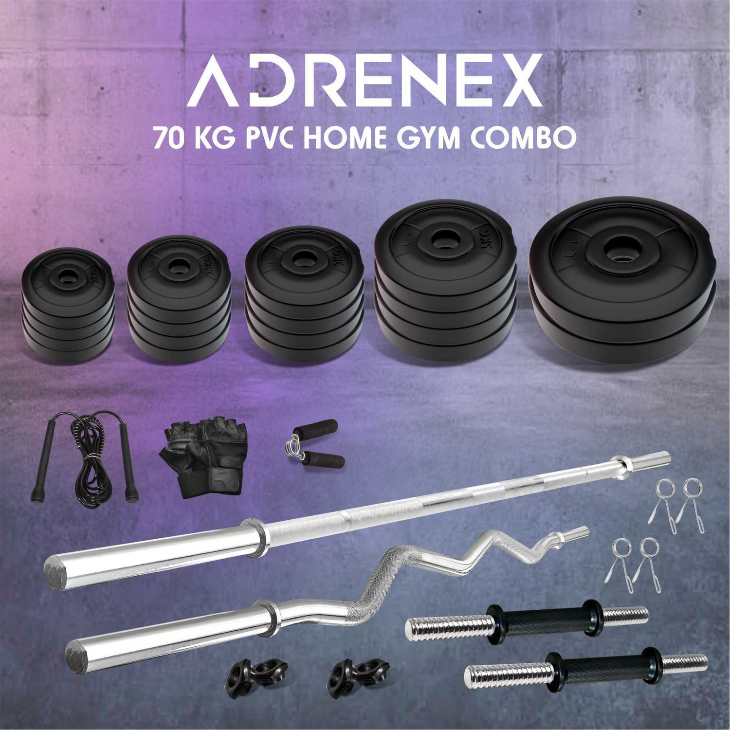 Image of Adrenex 70 kg with Straight , Curl , Dumbbell Rods & Gym Accessories Home Gym Combo
