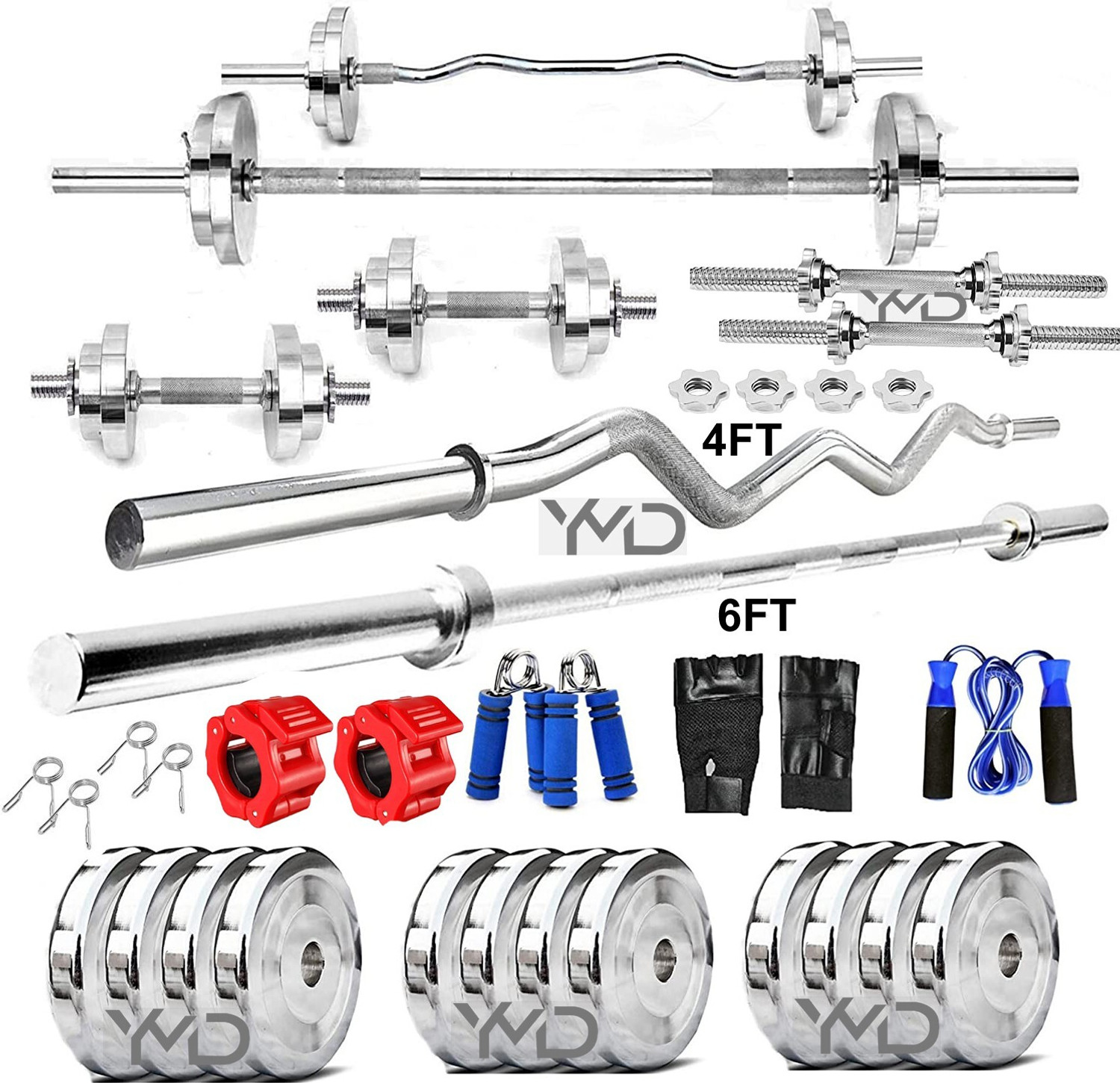 Image of YMD 65 kg Steel Plates 2.5KGX4 5KGX4 7.5KGX2 10KGX2 4FT Curl & 6FT STRT 28mm Rod, Clamp Home Gym Combo