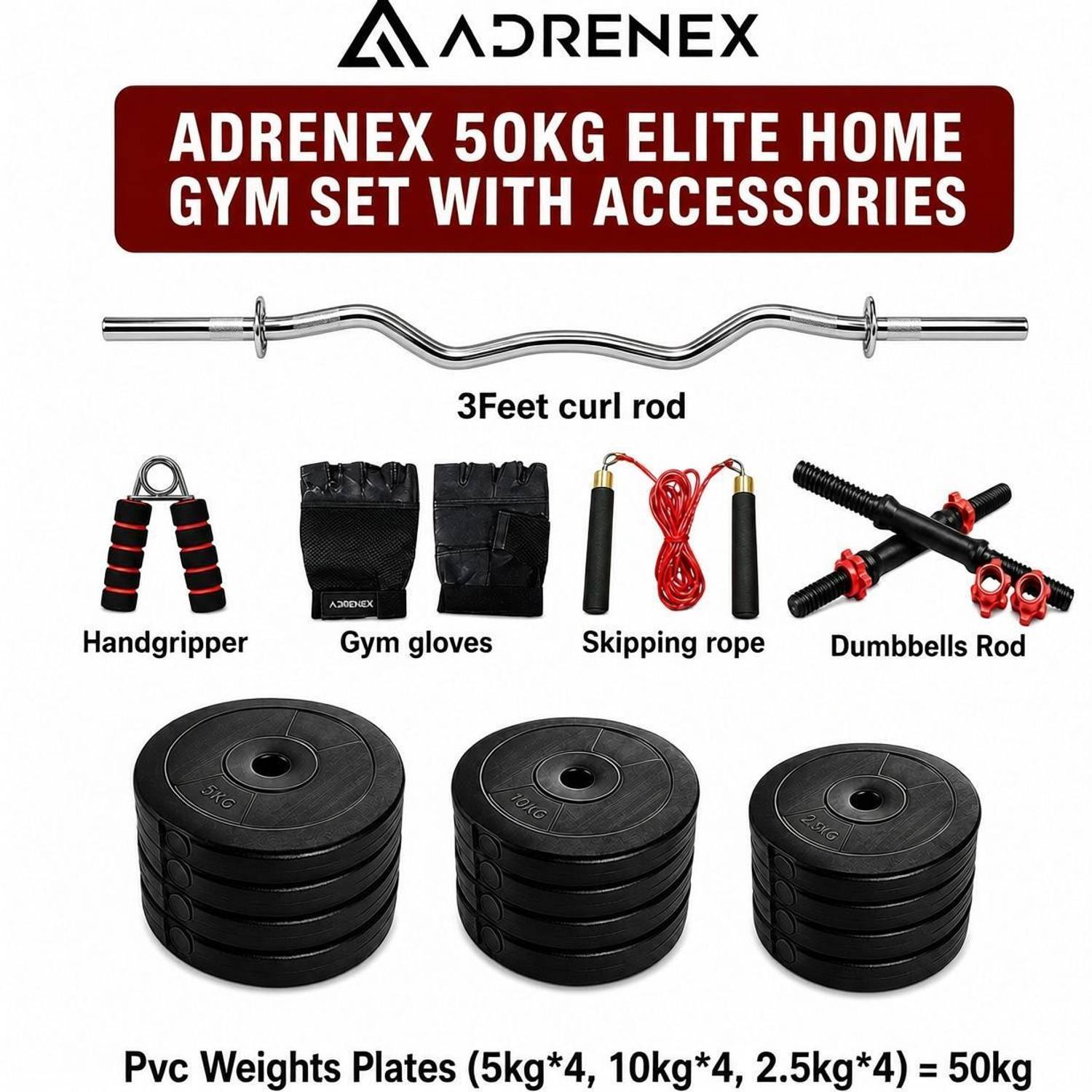 Adrenex 50 kg PVC with 3ft Rod and Accessories Home Gym Combo