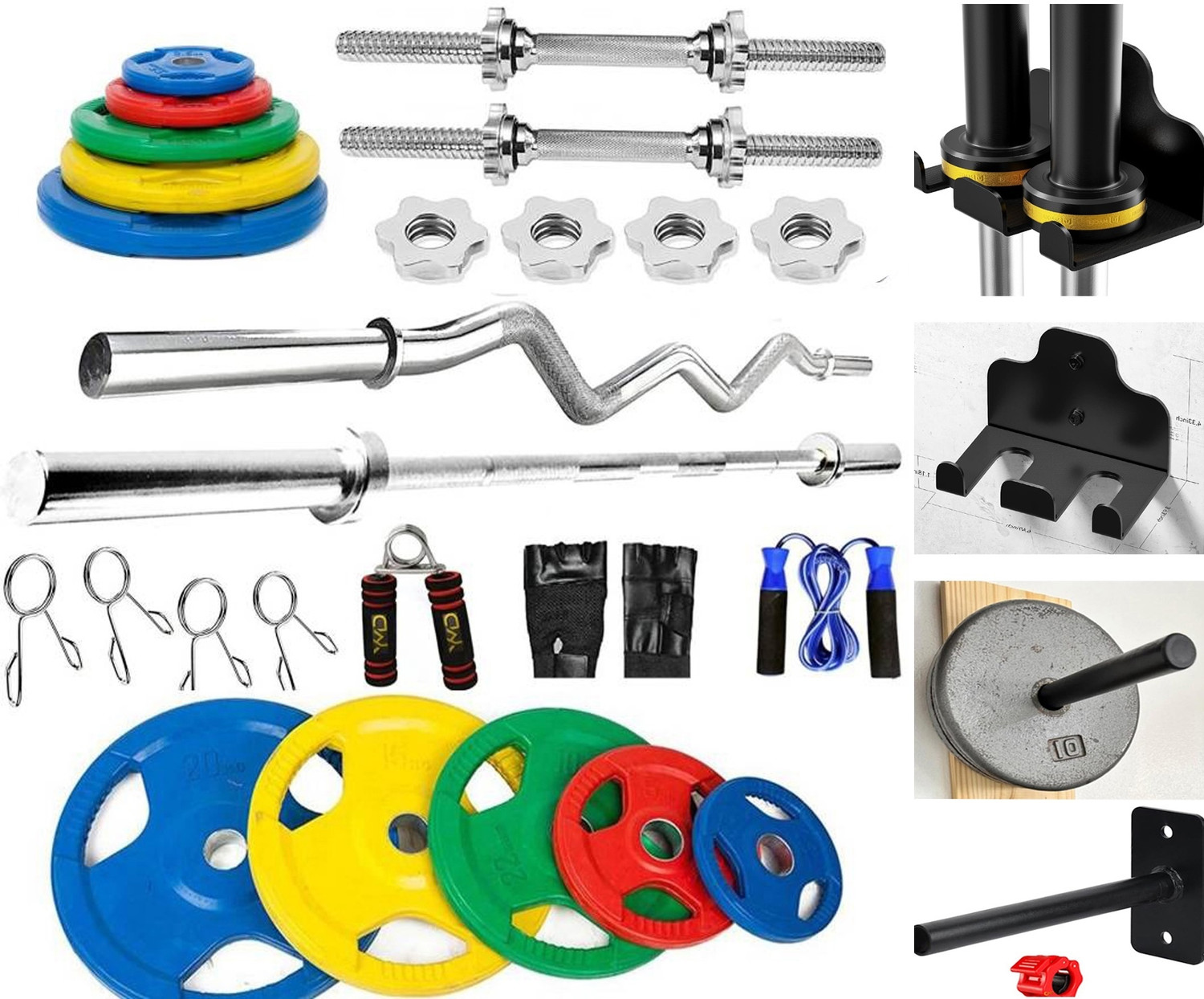 Image of YMD 70 kg Premium Metal integrated Color Plates 2.5x4 5x4 10x4 4FT Curl 6FT Straight Home Gym Combo