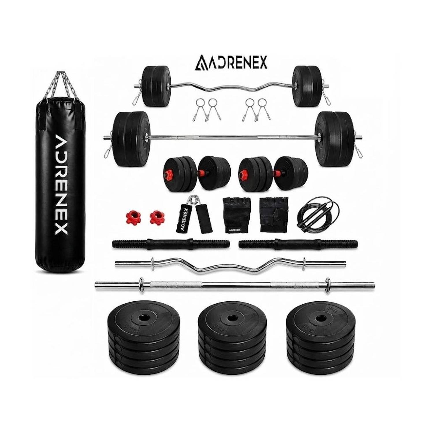 Adrenex 50 kg PVC GYM KIT WITH 3FT CURL, 3FT STRAIGHT ROD Unfilled Punching Bag AND ACC Home Gym Combo
