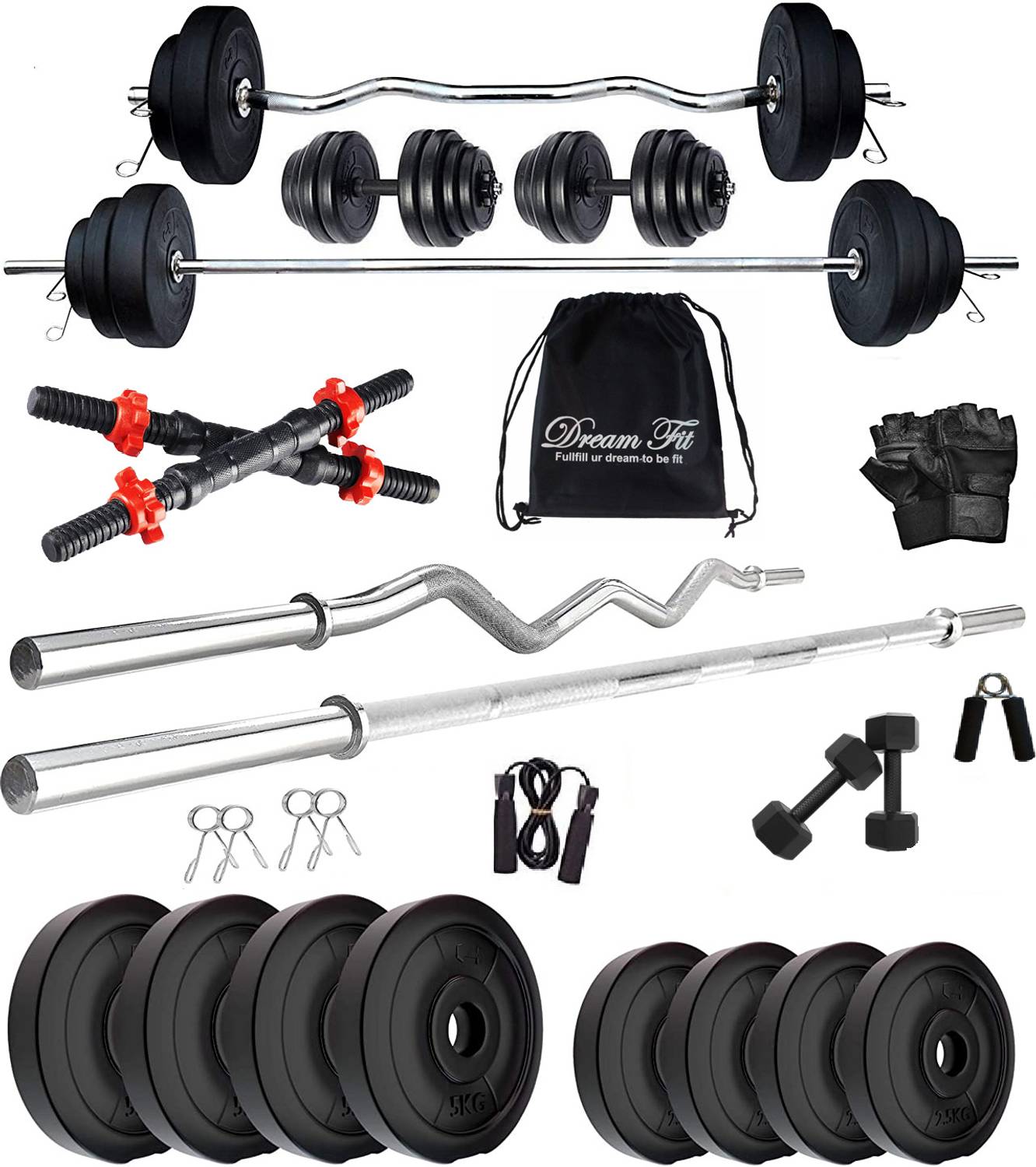 DreamFit 30 kg Home Gym Combo with 5 ft Straight Rod, 3 ft Curl Rod, - Image 1