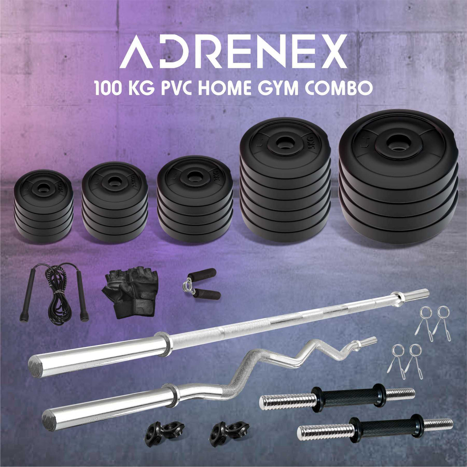 Image of Adrenex 100 kg with Straight , Curl, Dumbbell Rods & Gym Accessories Home Gym Combo