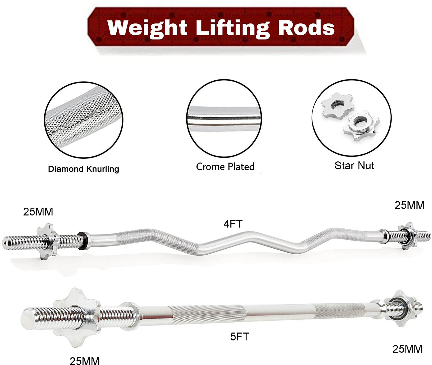 Image of YMD 40 kg Steel Plates 2.5Kgx4, 5Kgx6 4FT Curl & 5FT STRT 25mm Rod Star Collar With Clamp Home Gym Combo