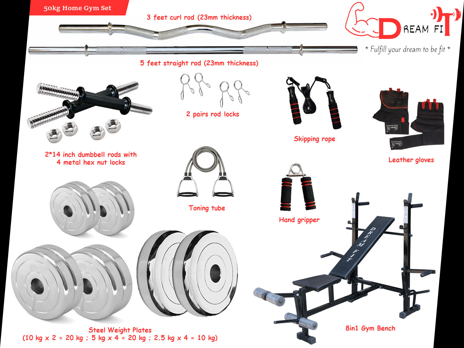 Image of DreamFit 50 kg Steel plates, 8in1 bench, 23mm 3ft curl & 5ft straight rod, dumbbell rods & acc Home Gym Combo