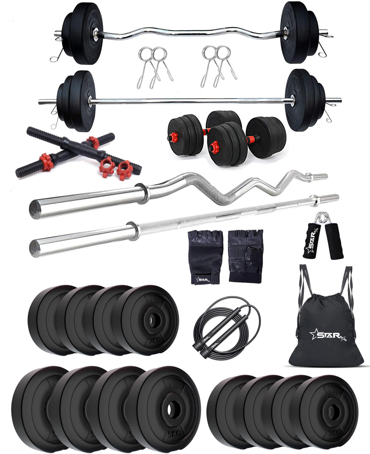 Image of STARX 40 kg PVC GYM KIT WITH 3FT CURL, 3FT STRAIGHT ROD AND ACCESSORIES Home Gym Combo