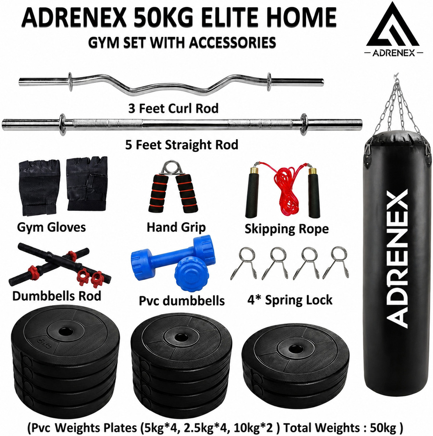Image of Adrenex 50 kg with 3FT Curl and 5FT Straight Rod Unfilled Punching Bag & PVC Dumbbells Home Gym Combo