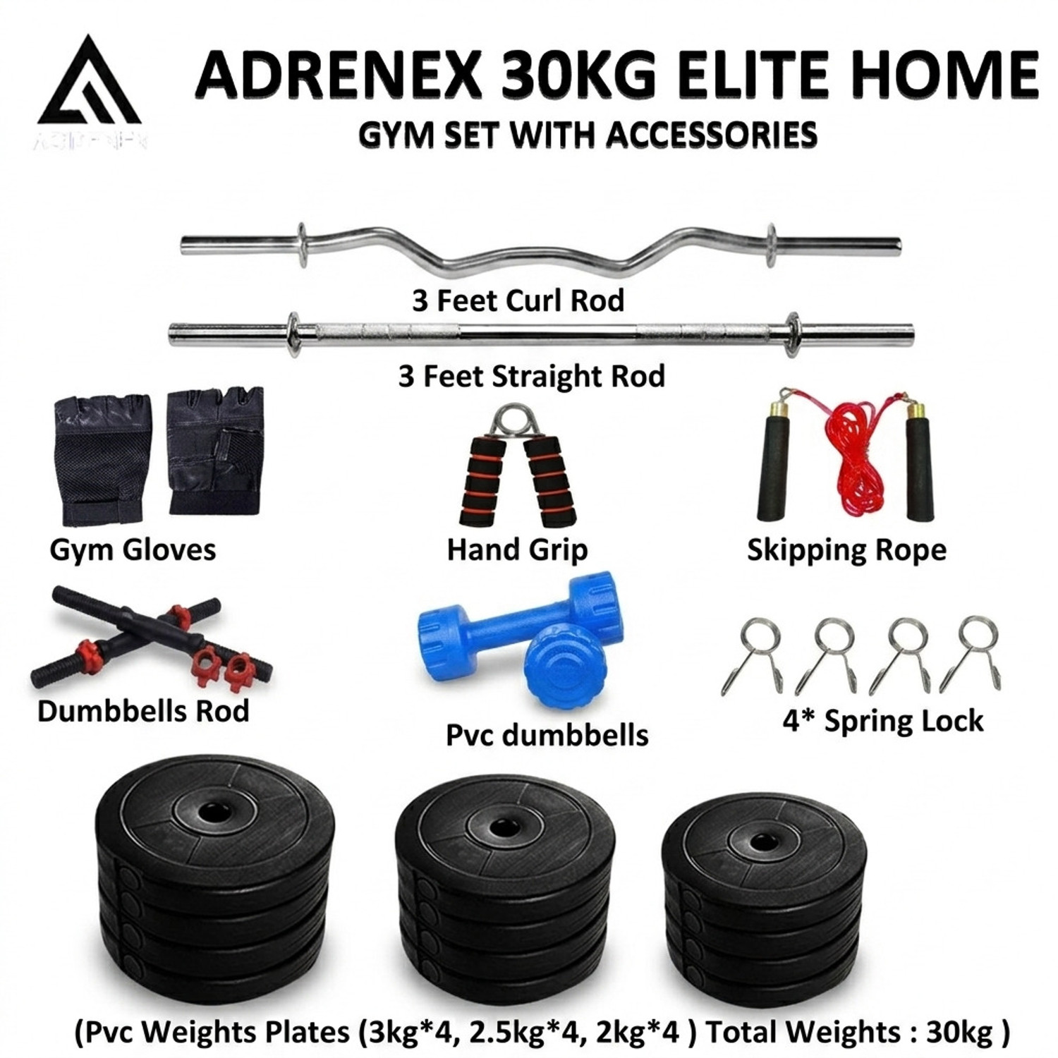 Image of Adrenex 30 kg PVC weight with 3ft Curl, 3ft Straight Rod and Accessories Home Gym Combo