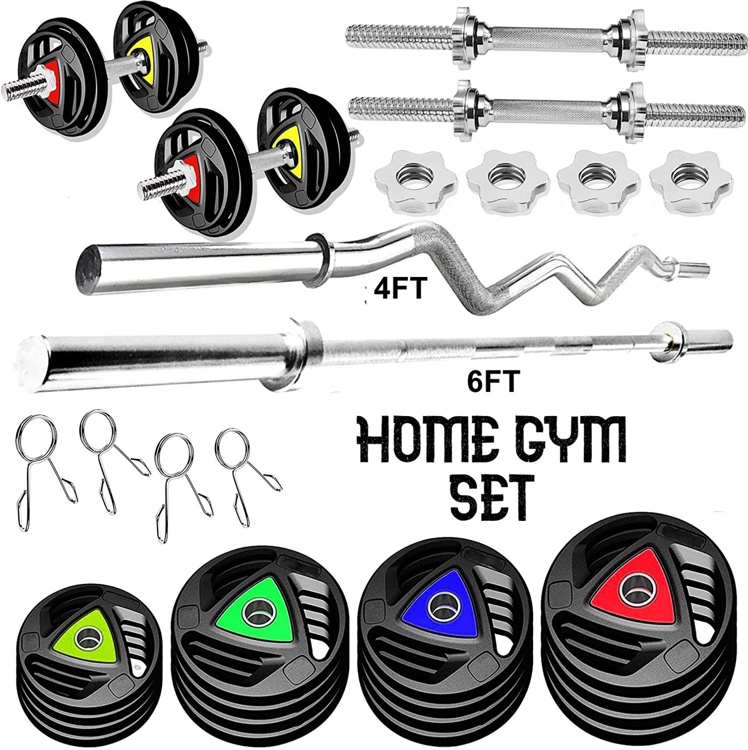 Image of YMD 70 kg Premium Rubber Plates (2.5X4 5X4 10X4) 4FT Curl 6FT Straight 28MM Rod Home Gym Combo