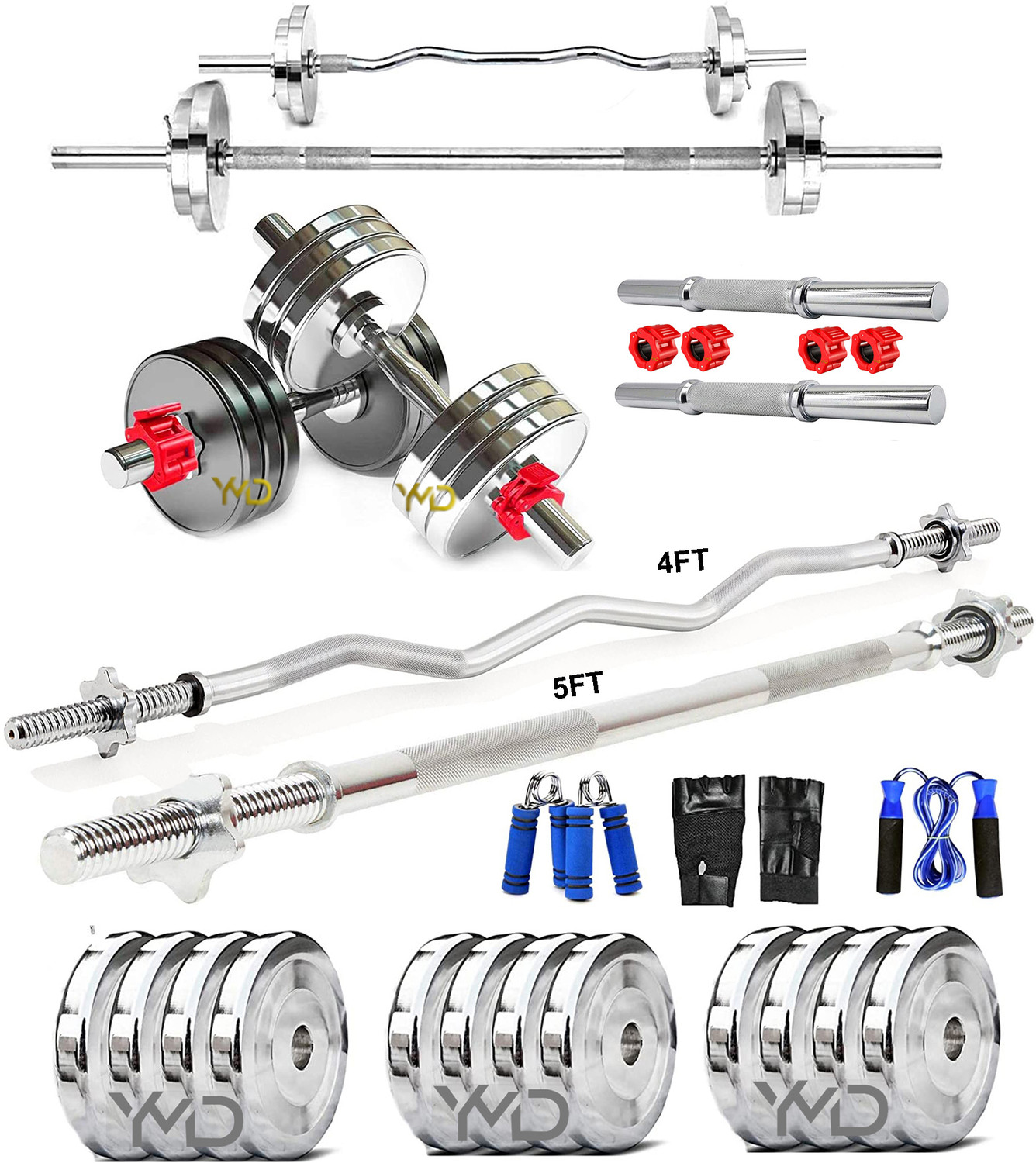 Image of YMD 20 kg Steel Plates 2.5X4 5X2 4FT Curl & 5FT STRT 25mm Rod Star Collar With Clamp Home Gym Combo