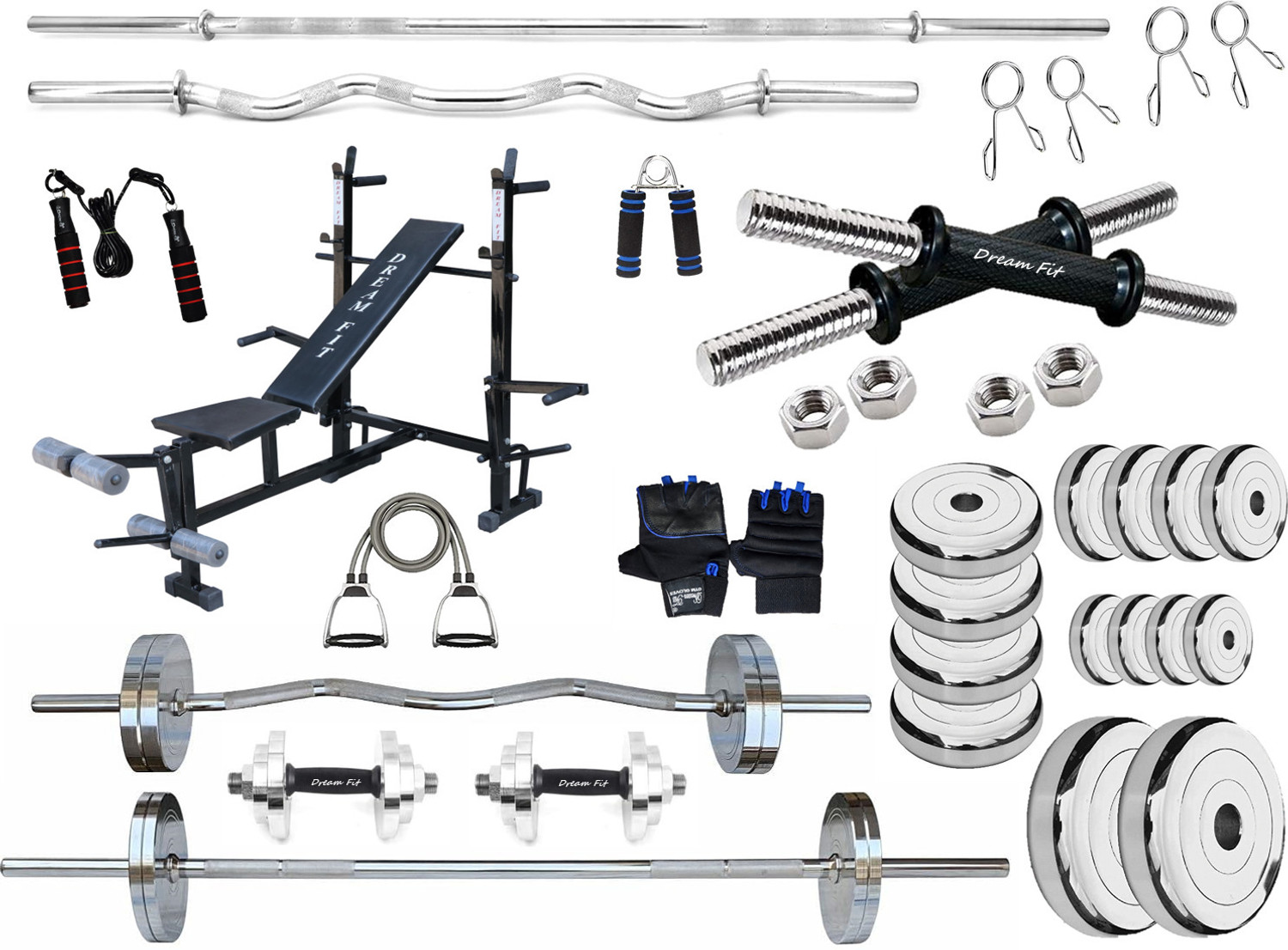 Image of DreamFit 50 kg Steel plates, 8in1 bench, 23mm 3ft curl & 5ft straight rod, dumbbell rods & acc Home Gym Combo