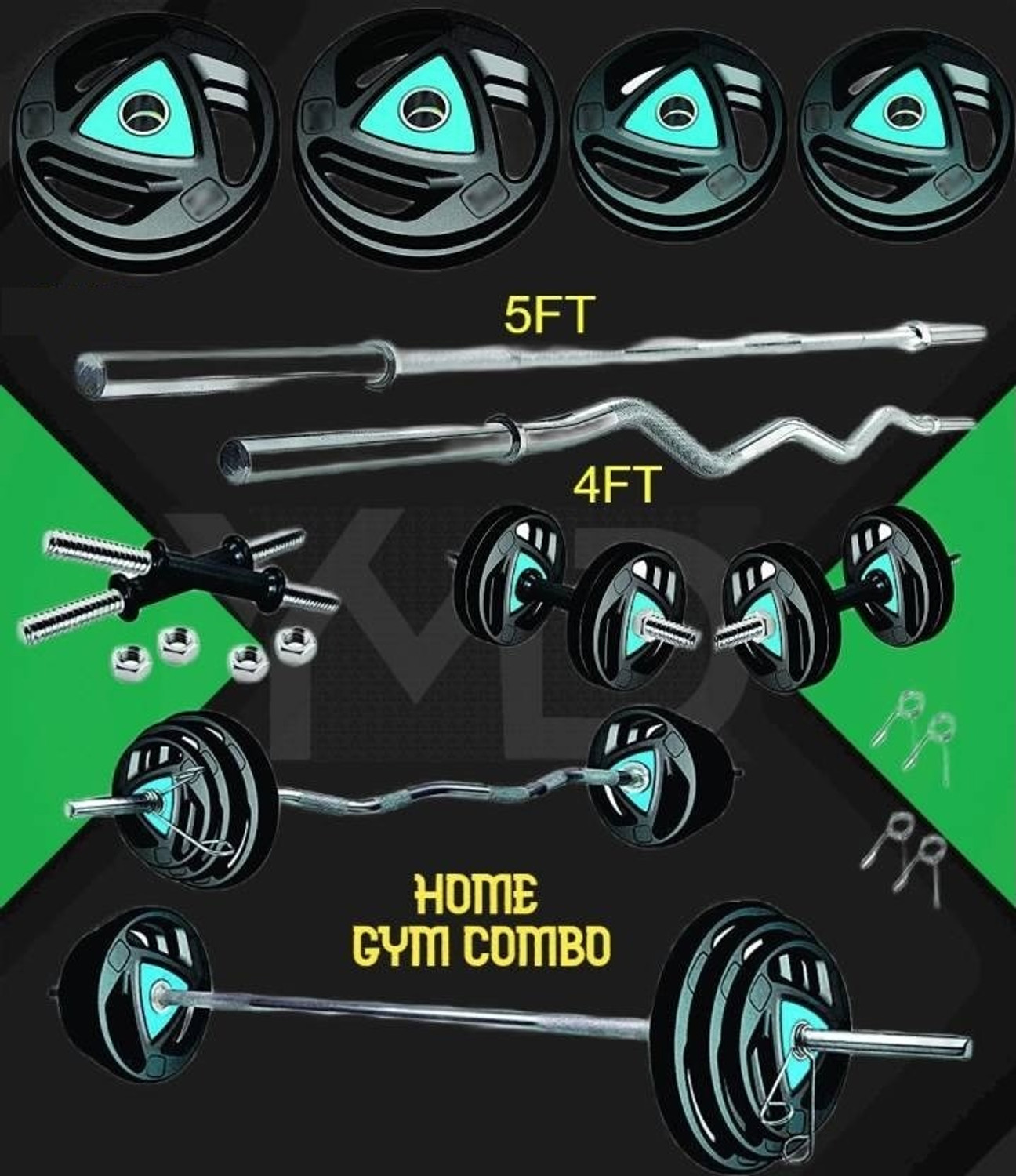 Image of YMD 60 kg Professional Metal Integrated Rubber Plates (2.5X4 5x4 15X2) 4FT Curl, 5FT Strt Home Gym Combo