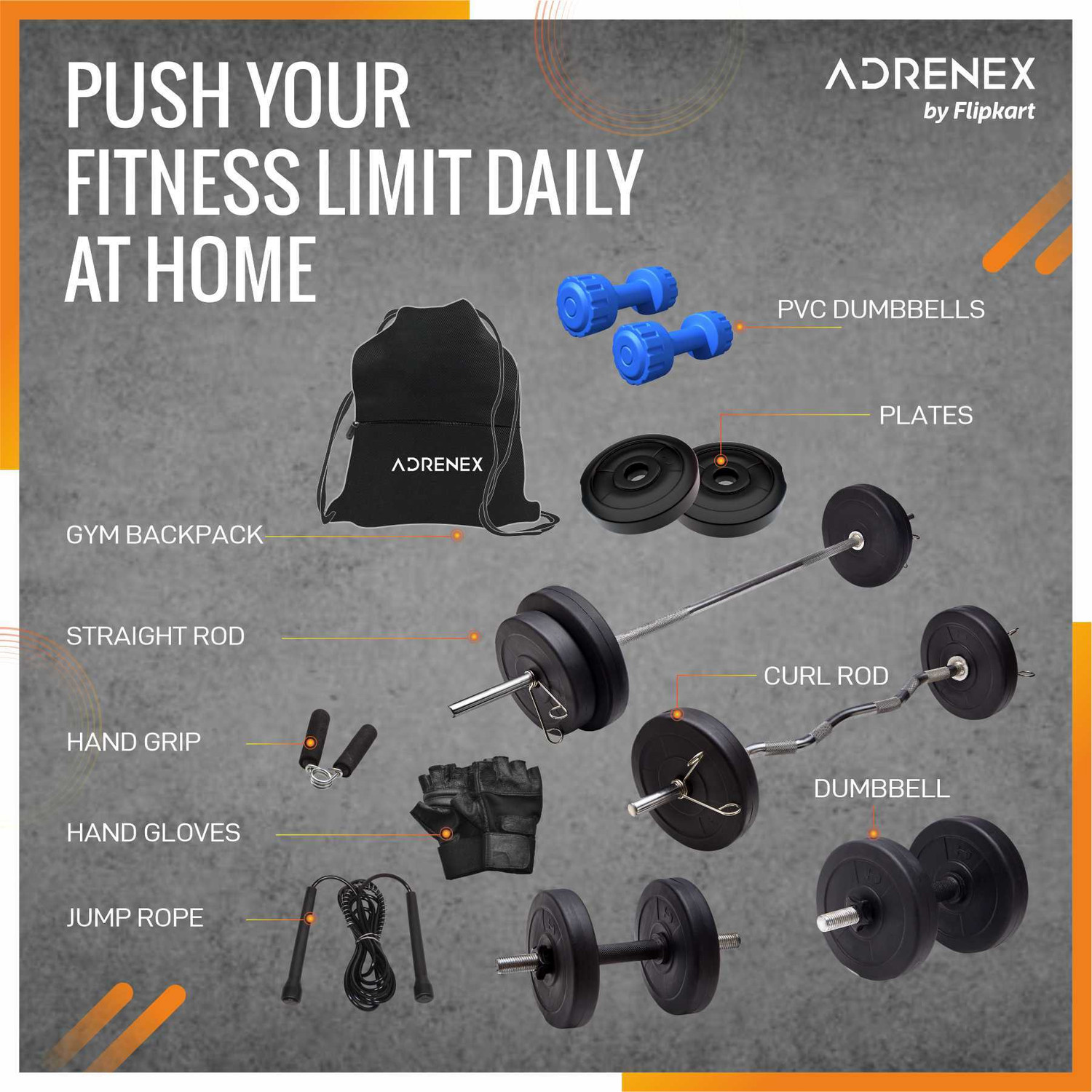 Image of Adrenex 40 kg Barbells, Dumbbells and Accessories Home Gym Combo