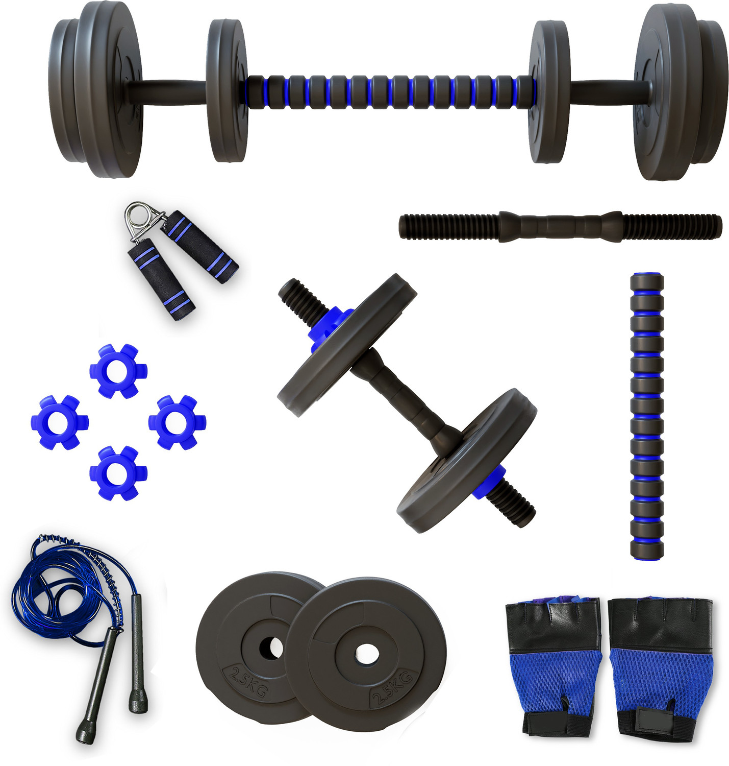 Lifelong Chaze PVC Home Gym Set 10kg Plate with Extension Barbell Rod and Dumbbells Rods with Gym Accessories,Black