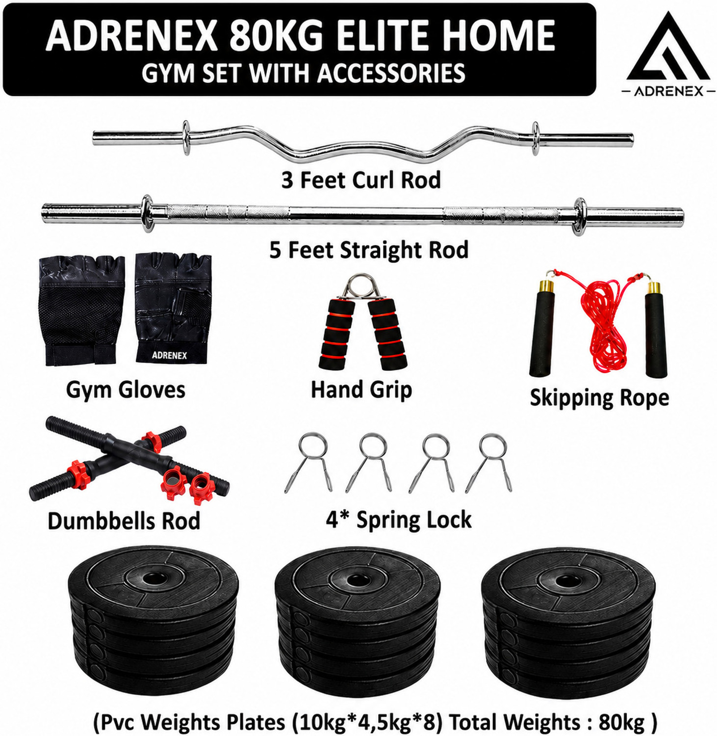 Image of Adrenex 80 kg PVC Plates with 3Ft Curl Rod and 5Ft Straight Rod with Accessories Home Gym Combo
