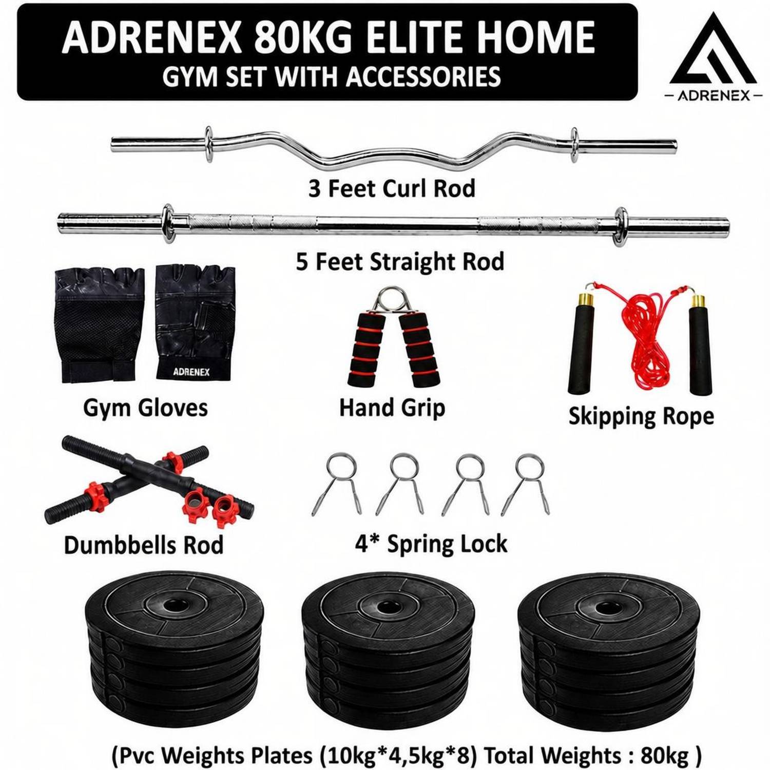 Adrenex 80 kg PVC Plates with 3Ft Curl Rod and 5Ft Straight Rod with Accessories Home Gym Combo