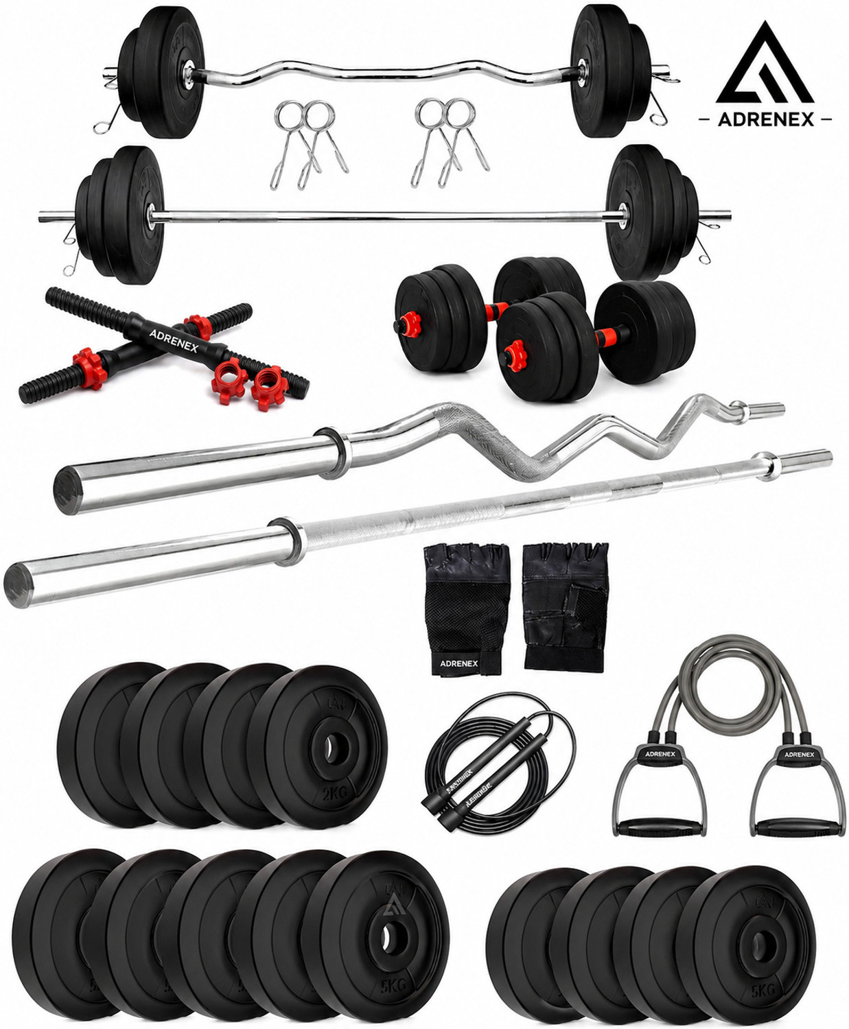 Image of Adrenex 40 kg PVC Kit with 3ft straight and 5ft Curl Road and accessories of Home Gym Combo