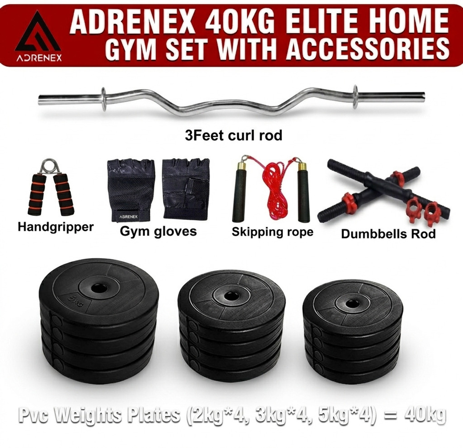 Image of Adrenex 40 kg PVC weight with 3ft Curl Rod and Accessories Home Gym Combo