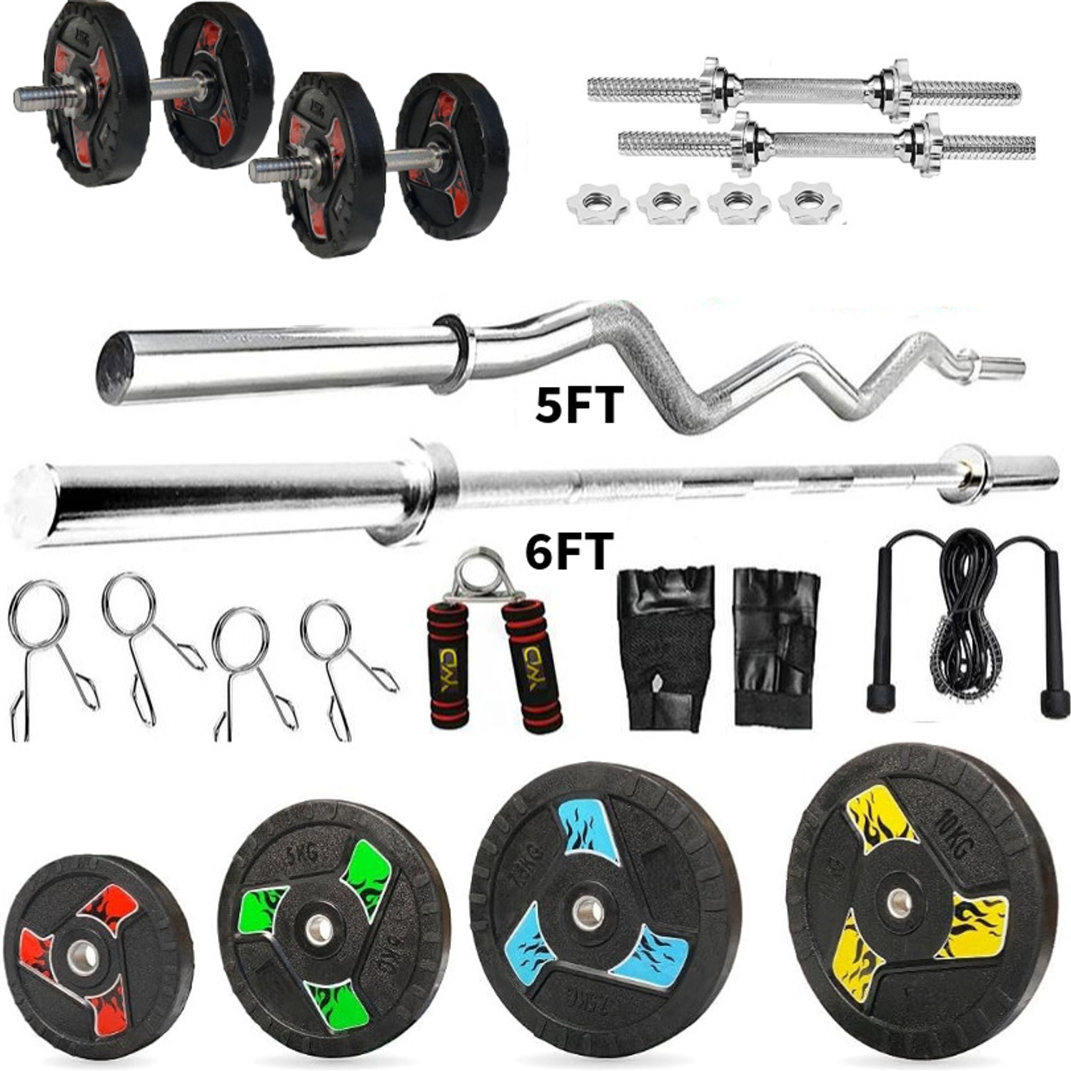 Image of YMD 60 kg Premium Fan Rubber Plates 2.5KGx4Pc,5KGx6Pc,10KGx2Pc 5FT Curl 6FT STRT 28MM Rod Home Gym Combo