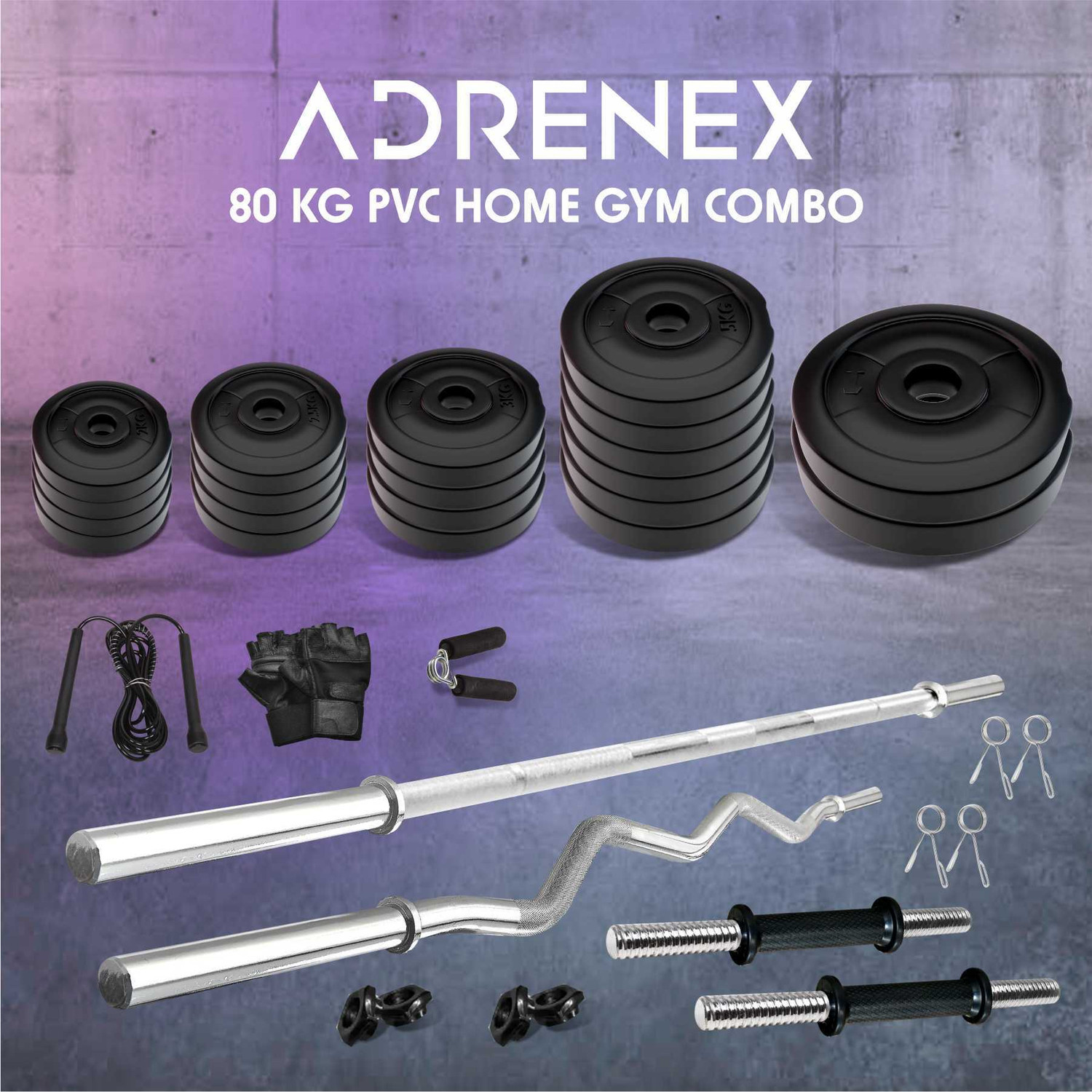 Image of Adrenex 80 kg with Straight , Curl , Dumbbell Rods & Gym Accessories Home Gym Combo
