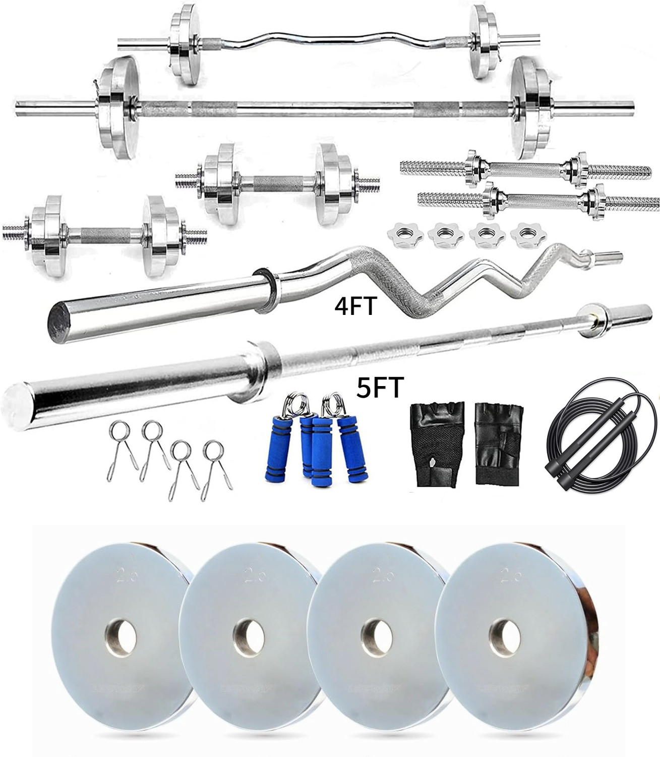 Image of YMD 70 kg Steel Plates (2.5KGX4,5KGX4,10KGX4) 4FT Curl & 5FT Straight 28mm Rods Full Combo Home Gym Combo