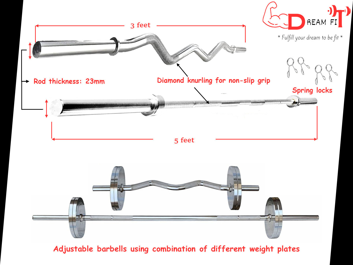 Image of DreamFit 50 kg Steel plates, 8in1 bench, 23mm 3ft curl & 5ft straight rod, dumbbell rods & acc Home Gym Combo