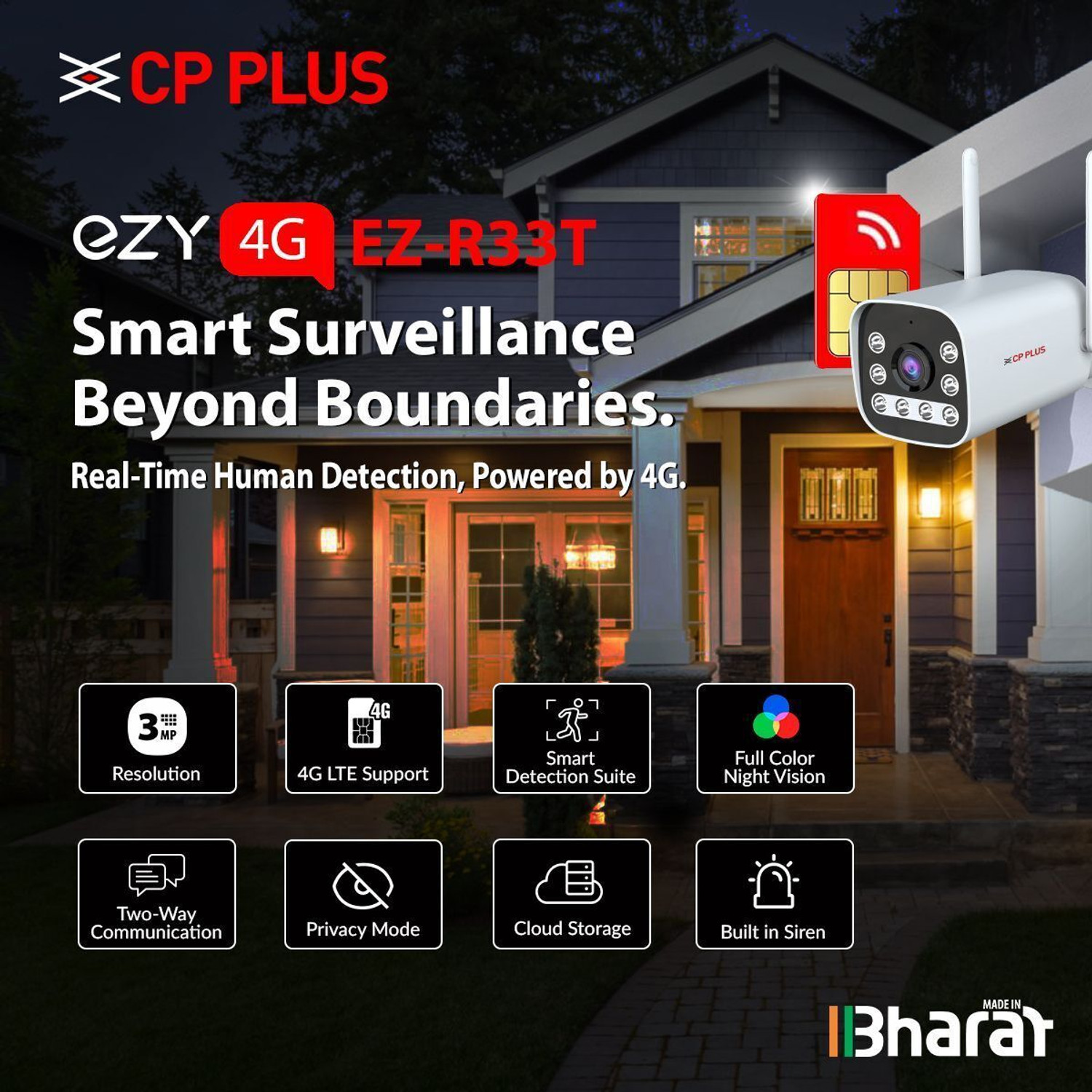 Image of CP PLUS EZ-R33T 3MP|4G SIM|CTC Cyber Tech|Human Motion Detection|IR Night 30M Bullet Security Camera