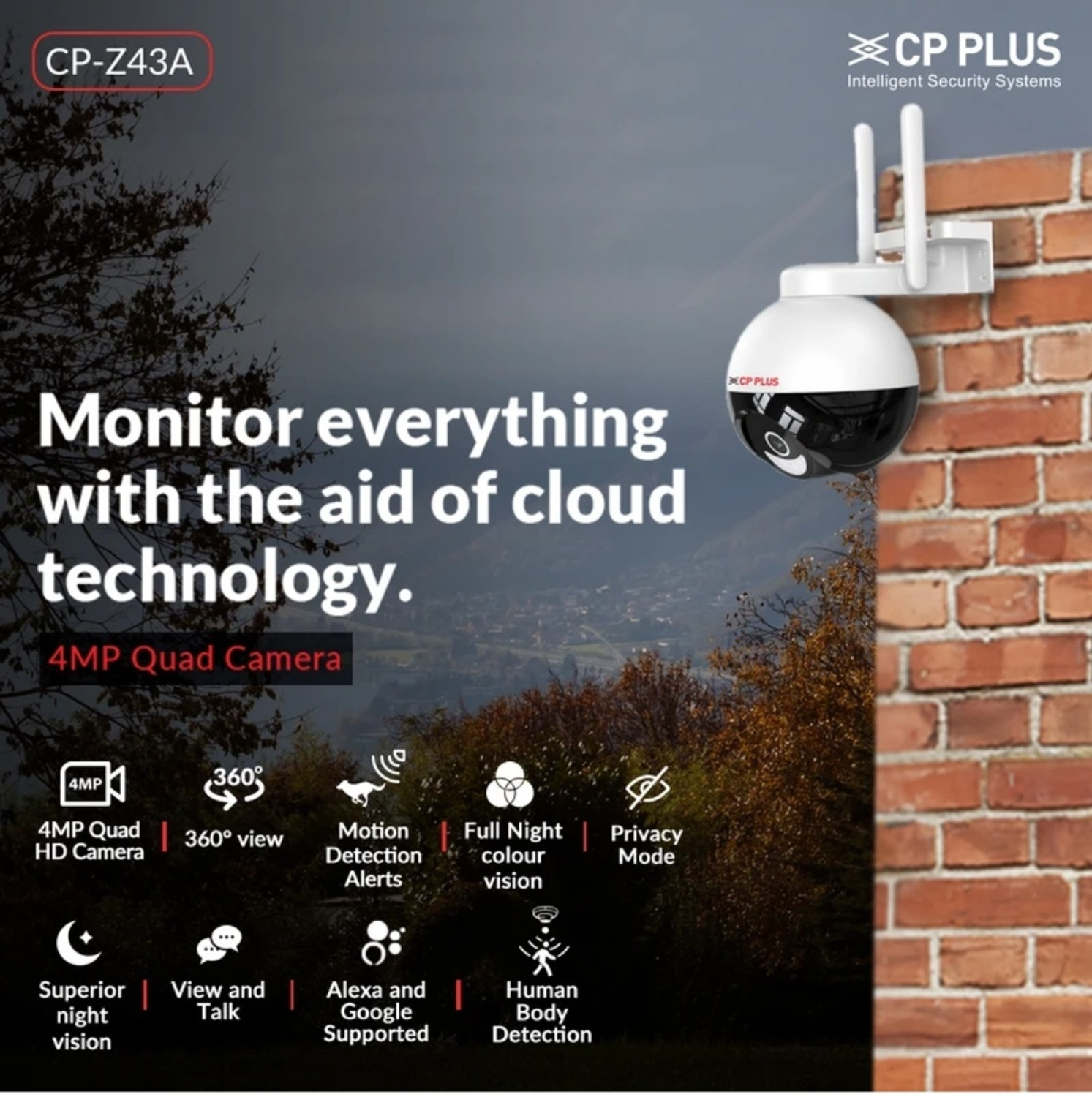 Image of CP PLUS CP-Z43Q 4MP Wi-Fi Pan Tilt Camera with Full Color Night Vision & Motion Alerts Security Camera (256 GB, 1 Channel)